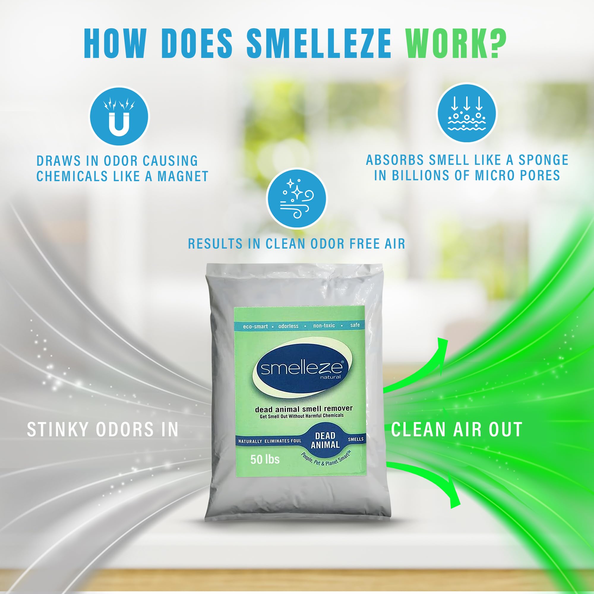 Smelleze Dead Animal Odor Eliminator - Strong Odor Removal - Natural & Safe Indoor & Outdoor Use - Granules, 50 Lbs.