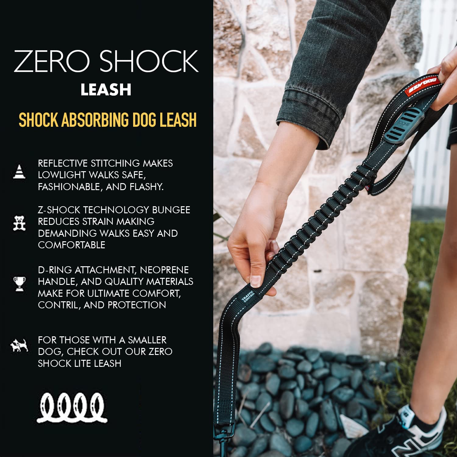 EzyDog Zero Shock Bungee Dog Leash - 48-Inch, Black, Shock Absorbing, Dual Handle, Reflective for Large, Medium, Small Dogs
