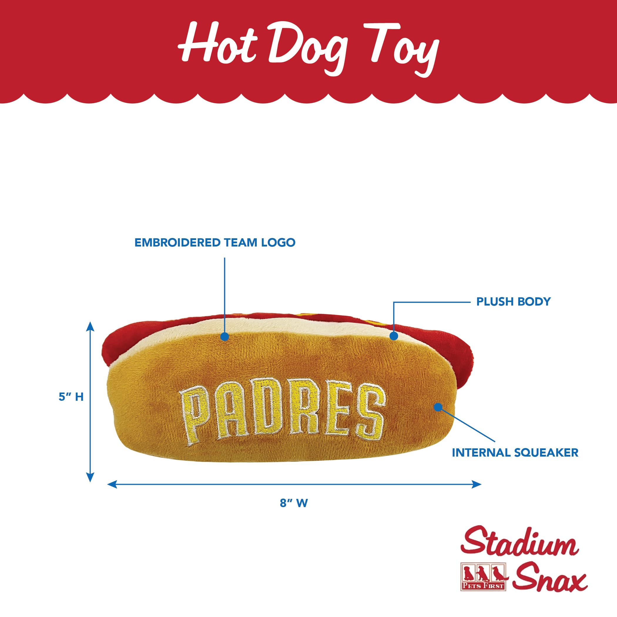 Mlb San Diego Padres Plush Dog Toys - Stadium Theme Snacks - Cutest Plush Hot-Dog Toy For Dogs & Cats With Inner Squeaker & Prem