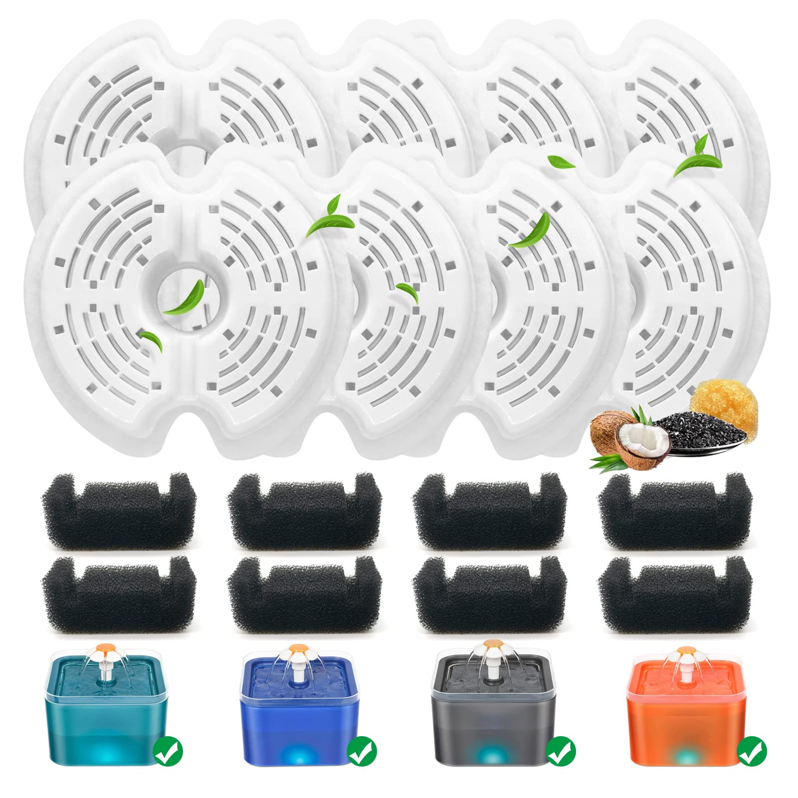 8 Pack - Cat - Water - Fountain - Filters With 8 Sponges, Replacement Filters For 67Oz/2L Pet Drinking Fountain Dog Water Dispen