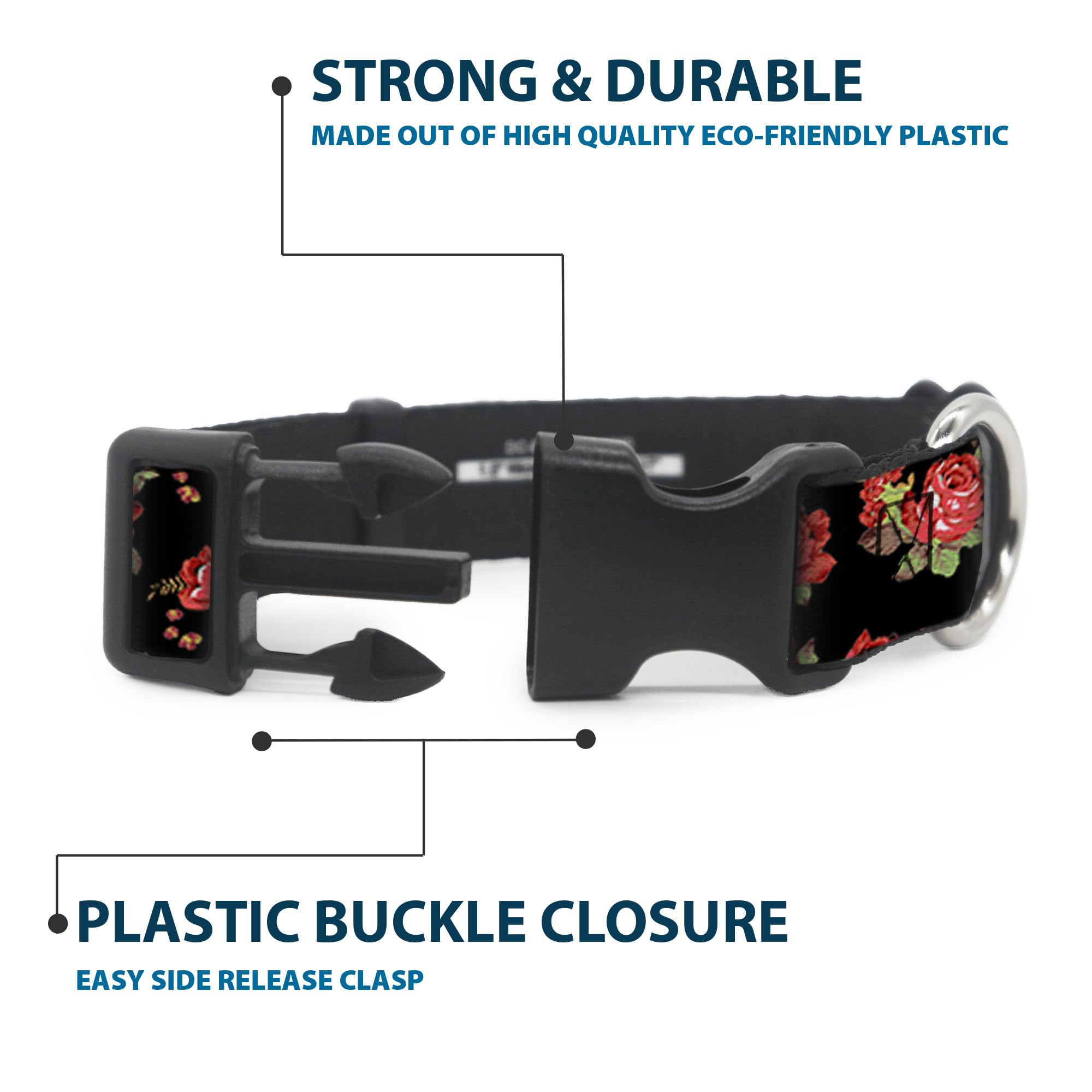 Buckle-Down 16-23'' Red Roses Scattered Black Plastic Clip Collar, Wide Medium