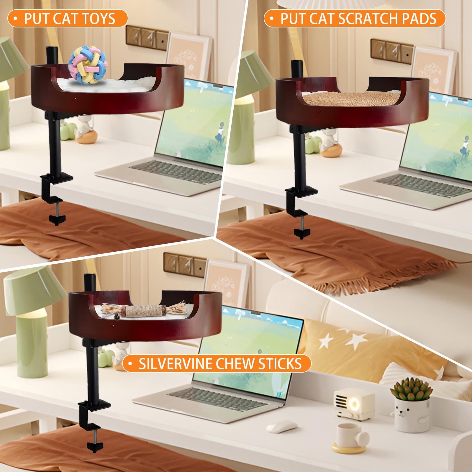 Xzking Cat Desk Bed- Adjustable Wooden Cat Bed For Home Office And Study Rooms, Desktop Kitten Furniture Attachment With Pet Mat