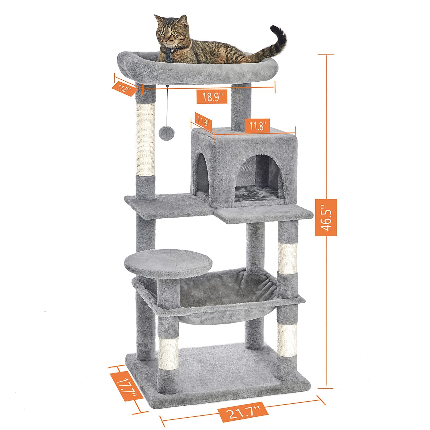 Catinsider 46.5 Inches Cat Tree Multi-Level Cat Tower With Sisal-Covered Scratching Posts, Plush Perches, Hammock And Condo For Cats Light Gray