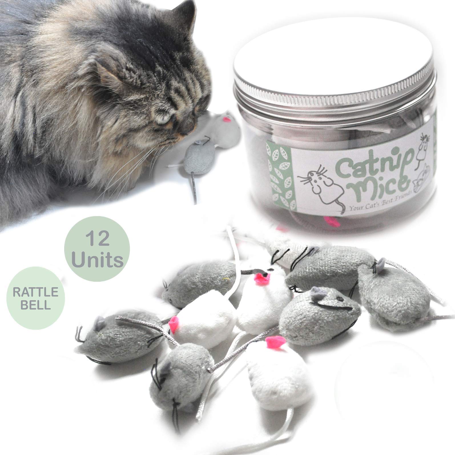 Ballmie Catnip Mice For Cat Toys With Rattle Bell Mouse Kitty Toys (White & Grey)