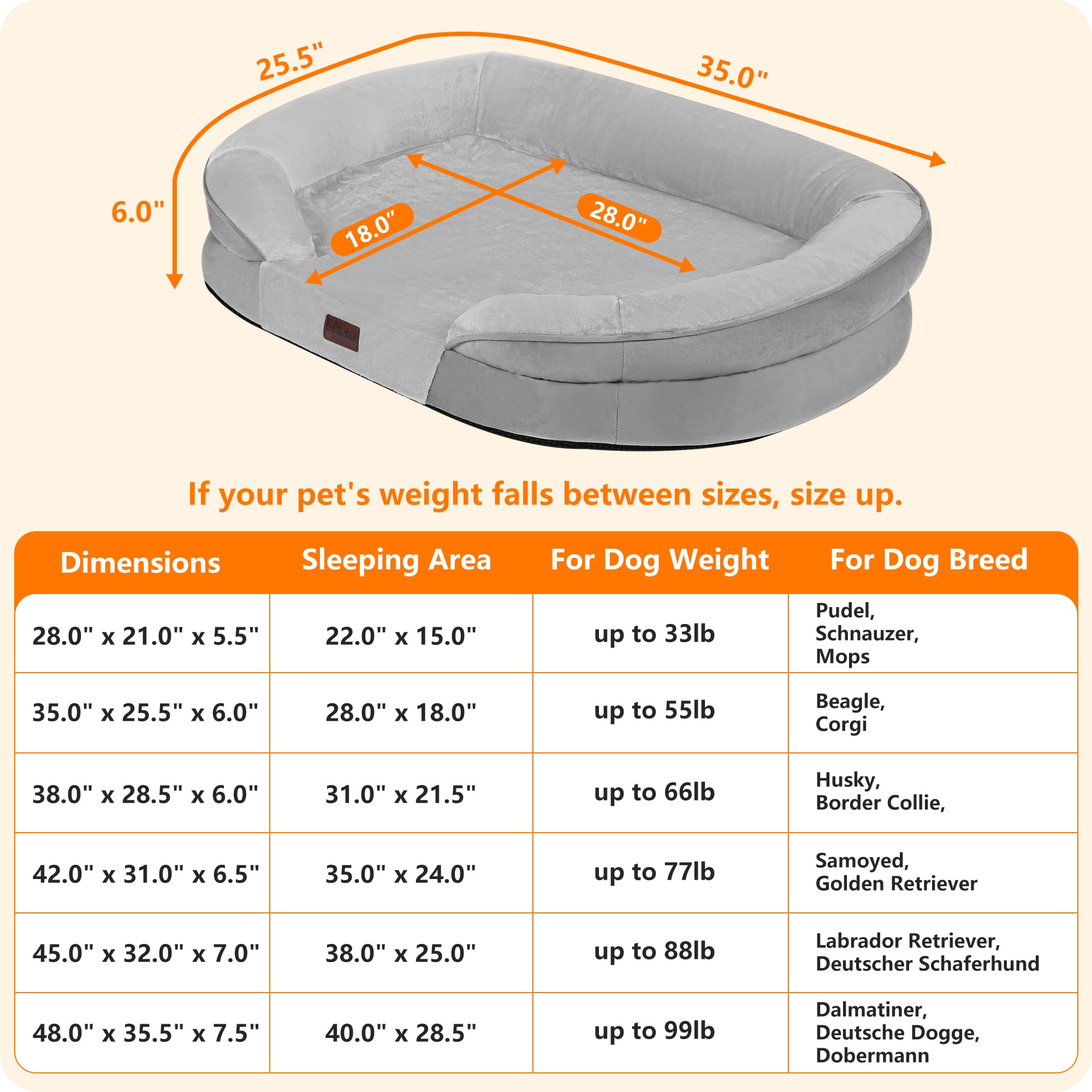 Dwanton Orthopedic Dog Bed - Waterproof Medium Pet Sofa, Egg Foam Support, Washable, Light Gray, 35"x25.5"x6" with Non-Slip Bottom