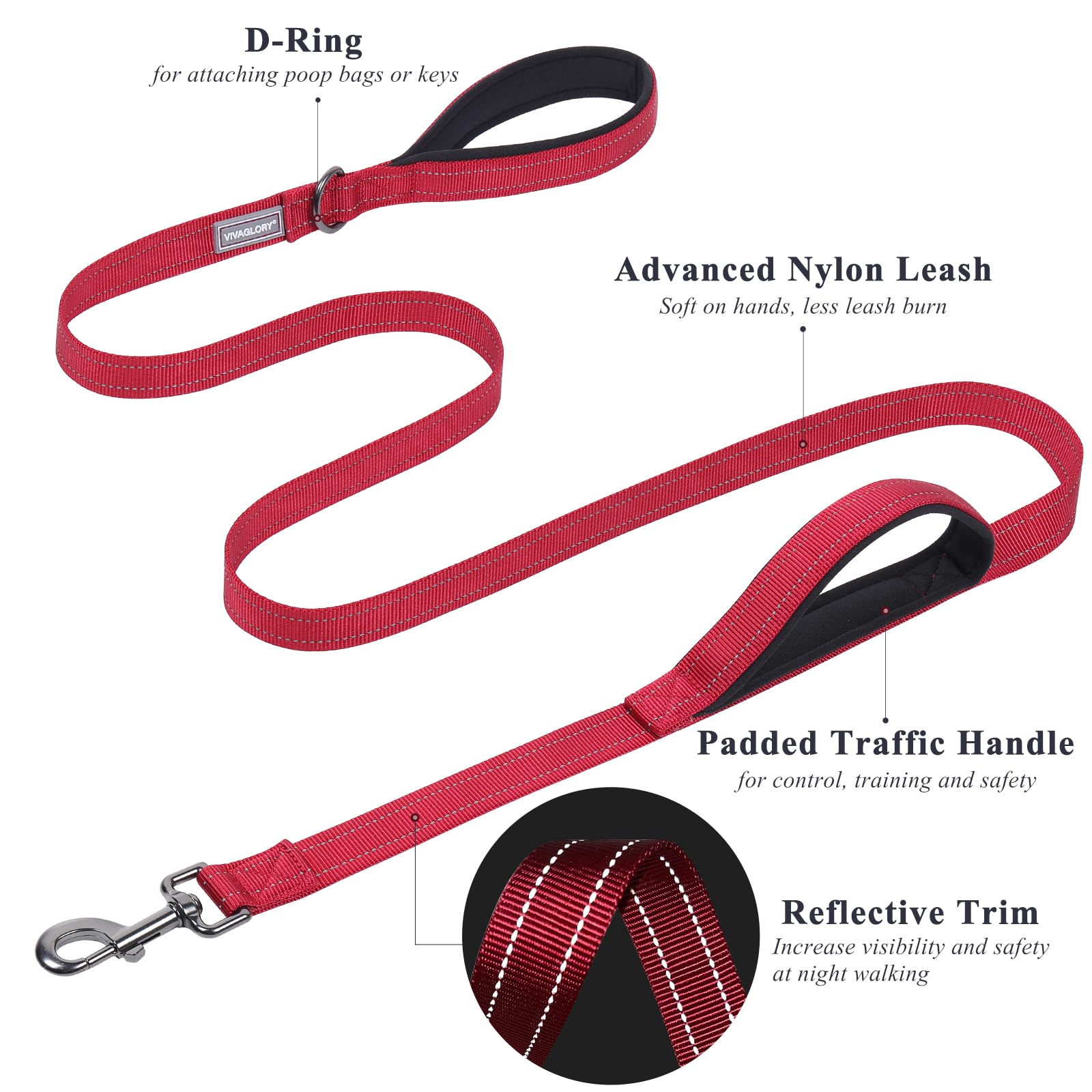 Vivaglory Traffic Handle Dog Leashes, Two Padded Soft Handles Strong Dog Leash, Reflective & Metal Hook Training Dog Lead, Black