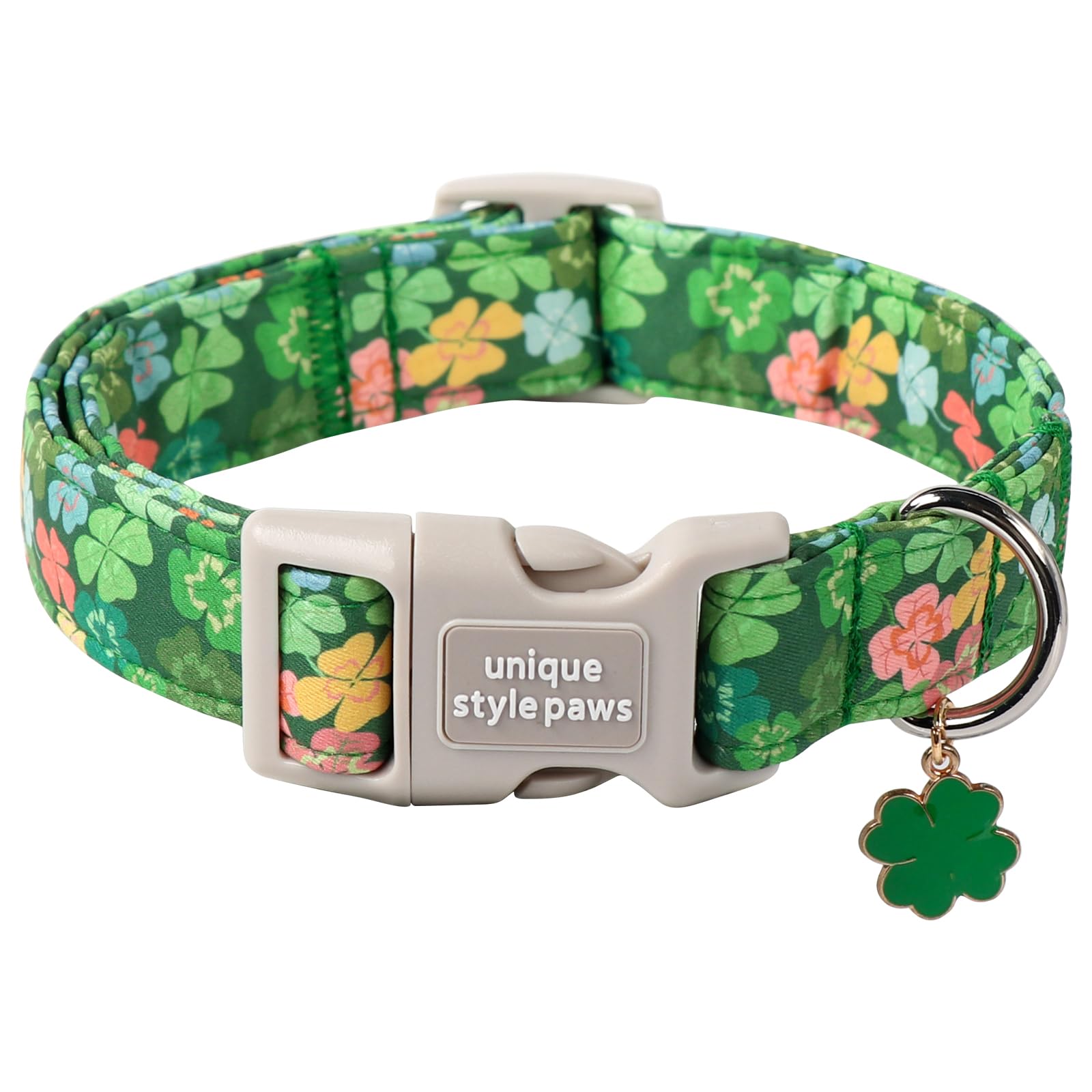 St. Patrick'S Dog Collar,Unique Style Paws Green Clover Dog Collar,Shamrock Pet Collar,Adjustable Cotton Collar With Quick Relea