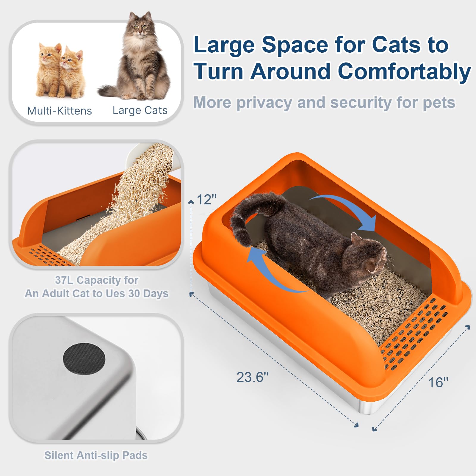 Enclosed Stainless Steel Litter Box With Lid Extra Large Litter Box For Big Cats Xl Metal Litter Box, Litter Pan Tray With High Sides Enclosure, Anti-Leakage, Easy Cleaning (Orange)