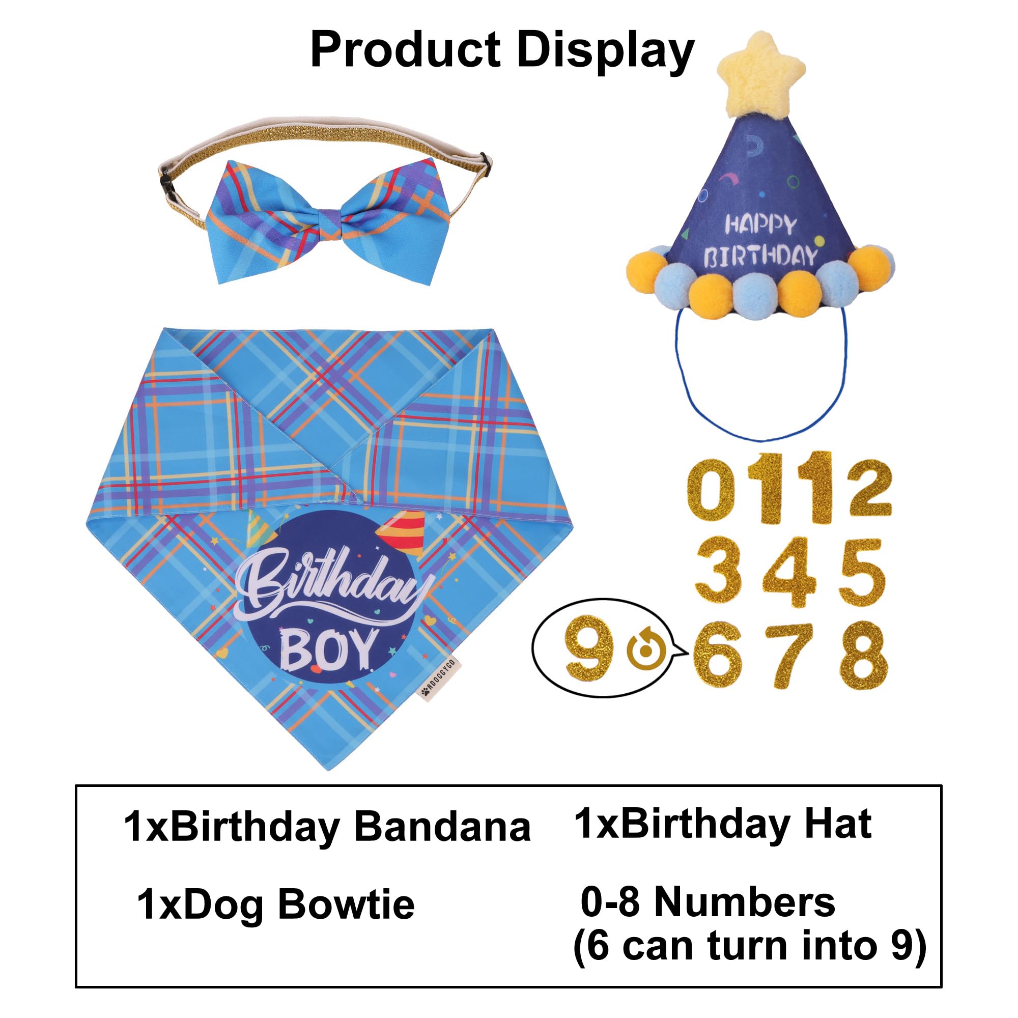 Adoggygo Dog Birthday Party Supplies, Blue Birthday Boy Bandana, Bowtie, Numbers, Party Hat For For Medium Large Dogs (Large)