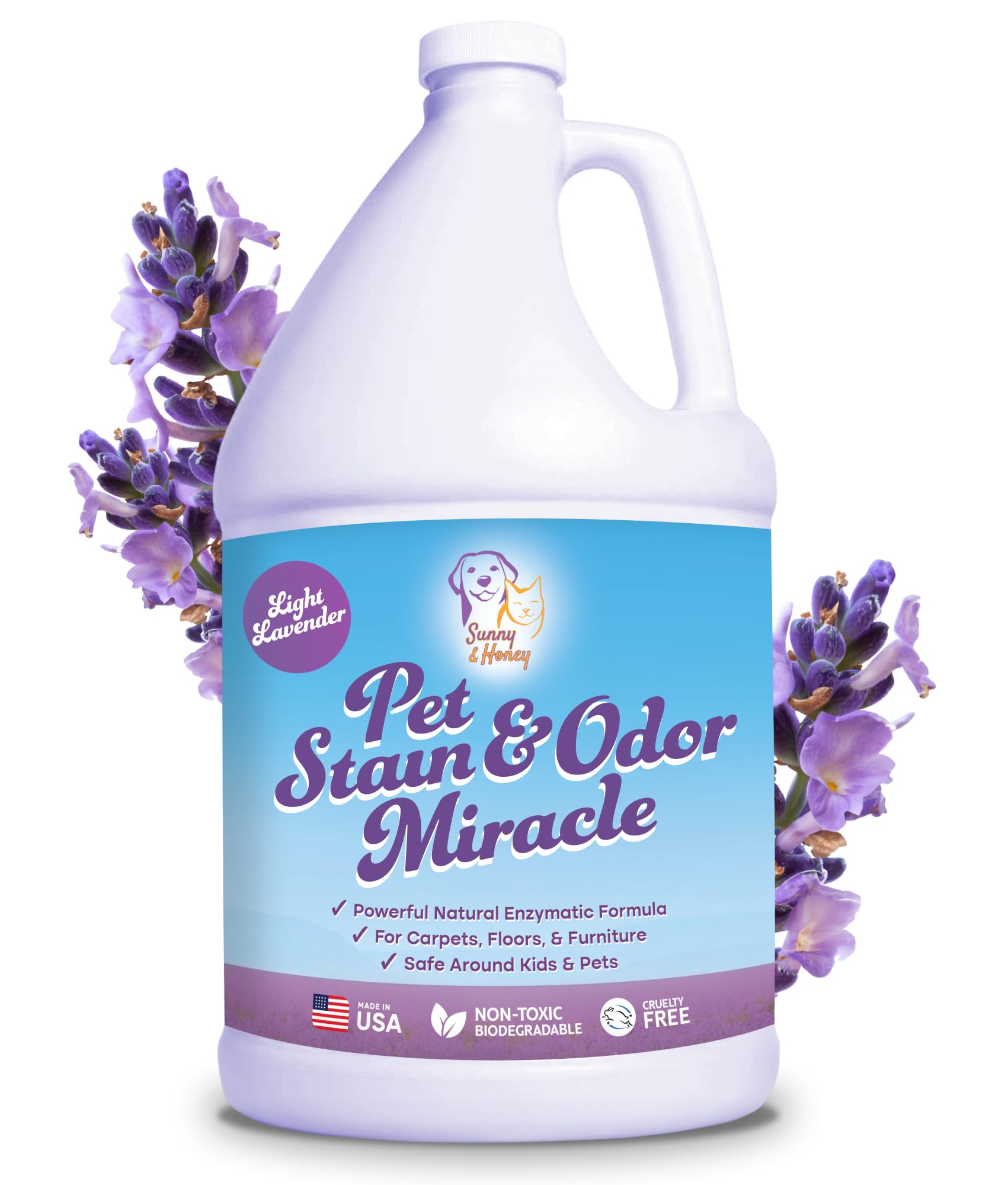 Sunny & Honey Pet Stain & Odor Miracle - Enzyme Cleaner For Dog And Cat Urine, Feces, Vomit, Drool (Light Lavender Scent, 1 Gallon)