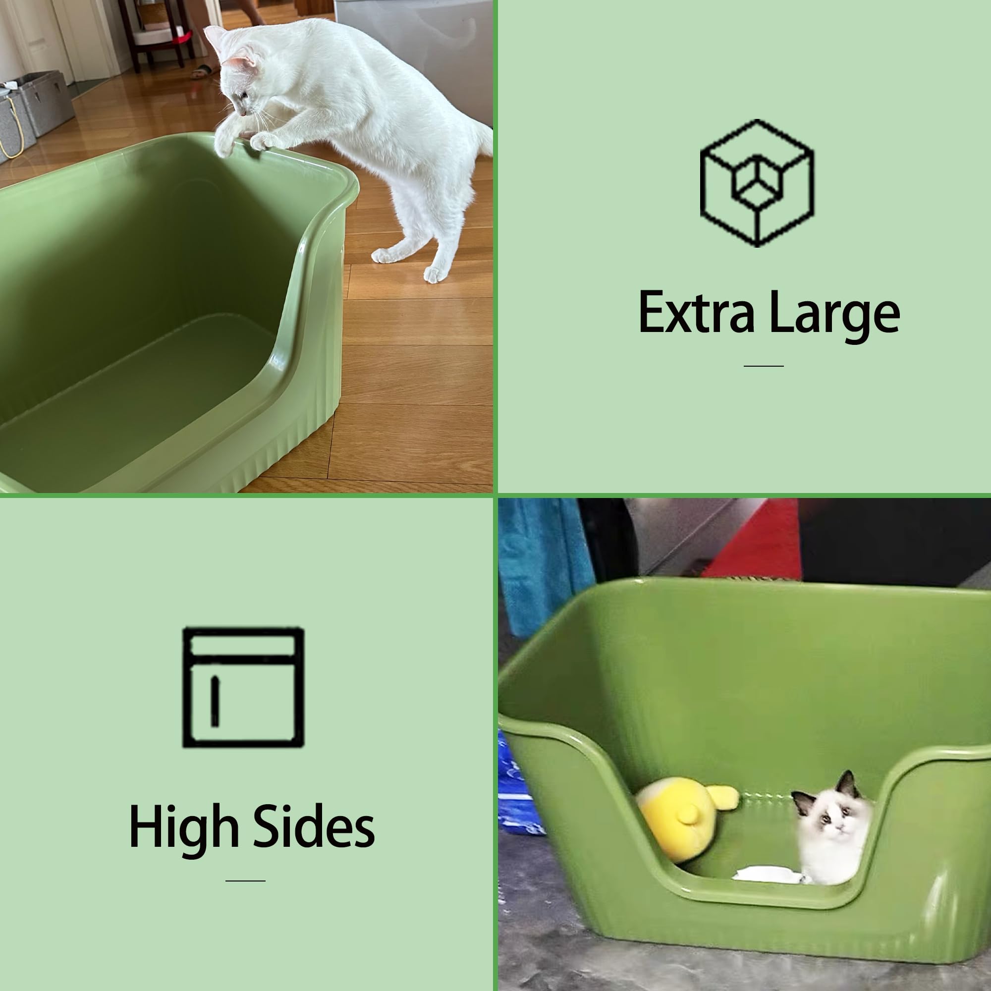 Vealind Largest Xxl Jumbo Cat Litter Box For Big Cats, 31''  21''  16'' Green Easy Clean Big Tall High Sided Extra Large Cat Lit