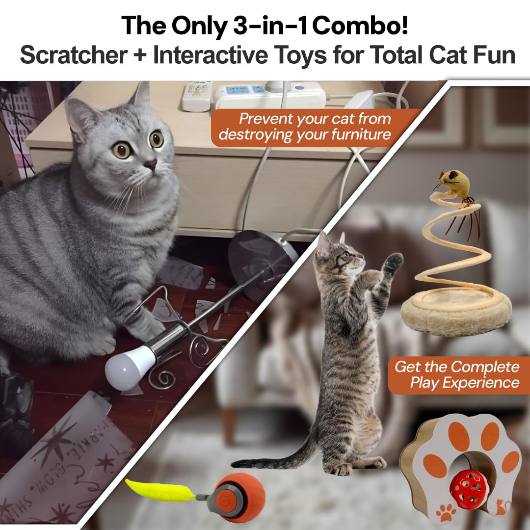 JUMPSELL Kitty Kurlz Cat Toy - Interactive Cat Scratcher Set with Flexible Cardboard Accordion, Plush Mouse & Magic Organ Toy -