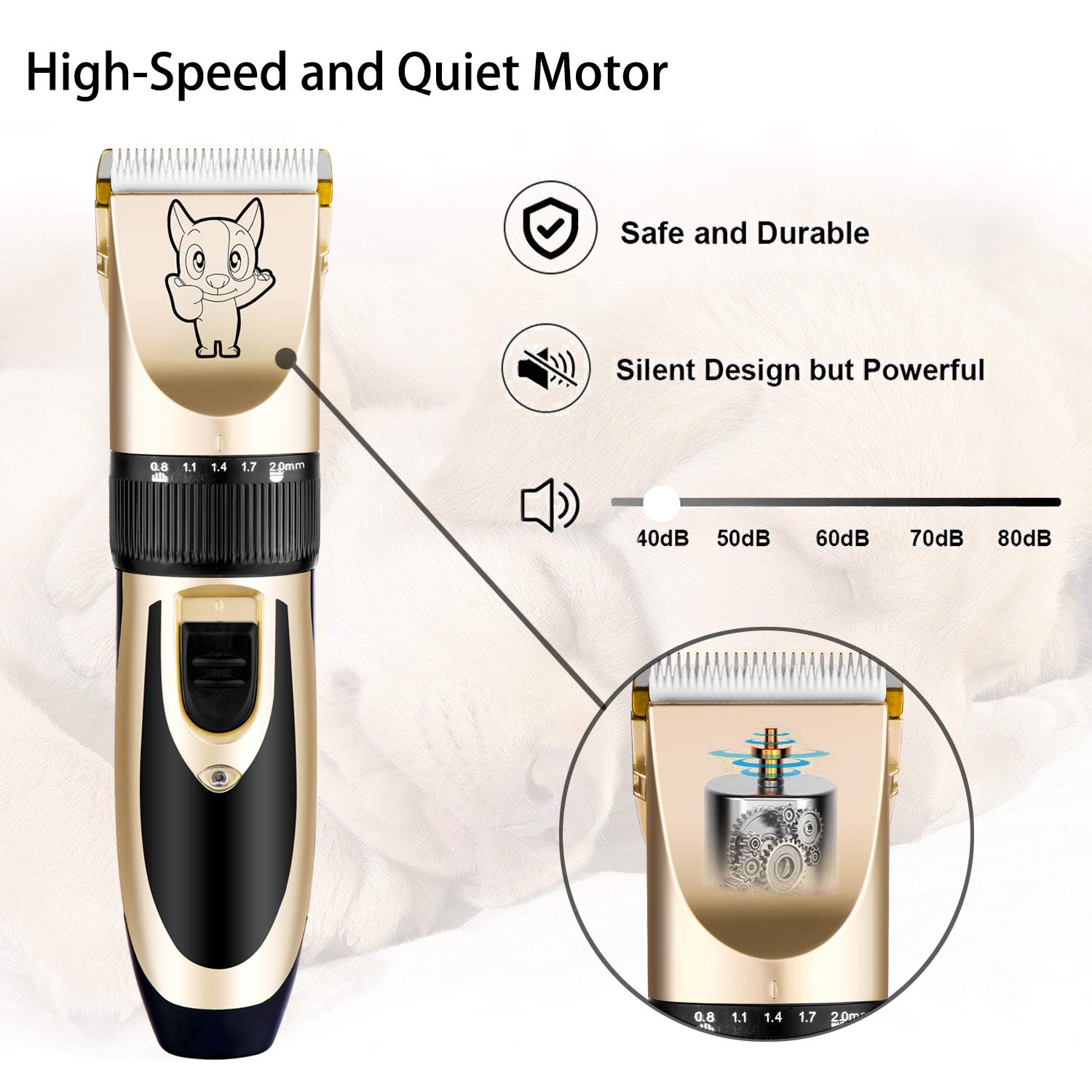 Dog Grooming Kit Clippers, Low Noise, Electric Quiet, Rechargeable, Cordless, Pet Hair Thick Coats Clippers Trimmers Set, Suitable For Dogs, Cats, And Other Pets (Gold)