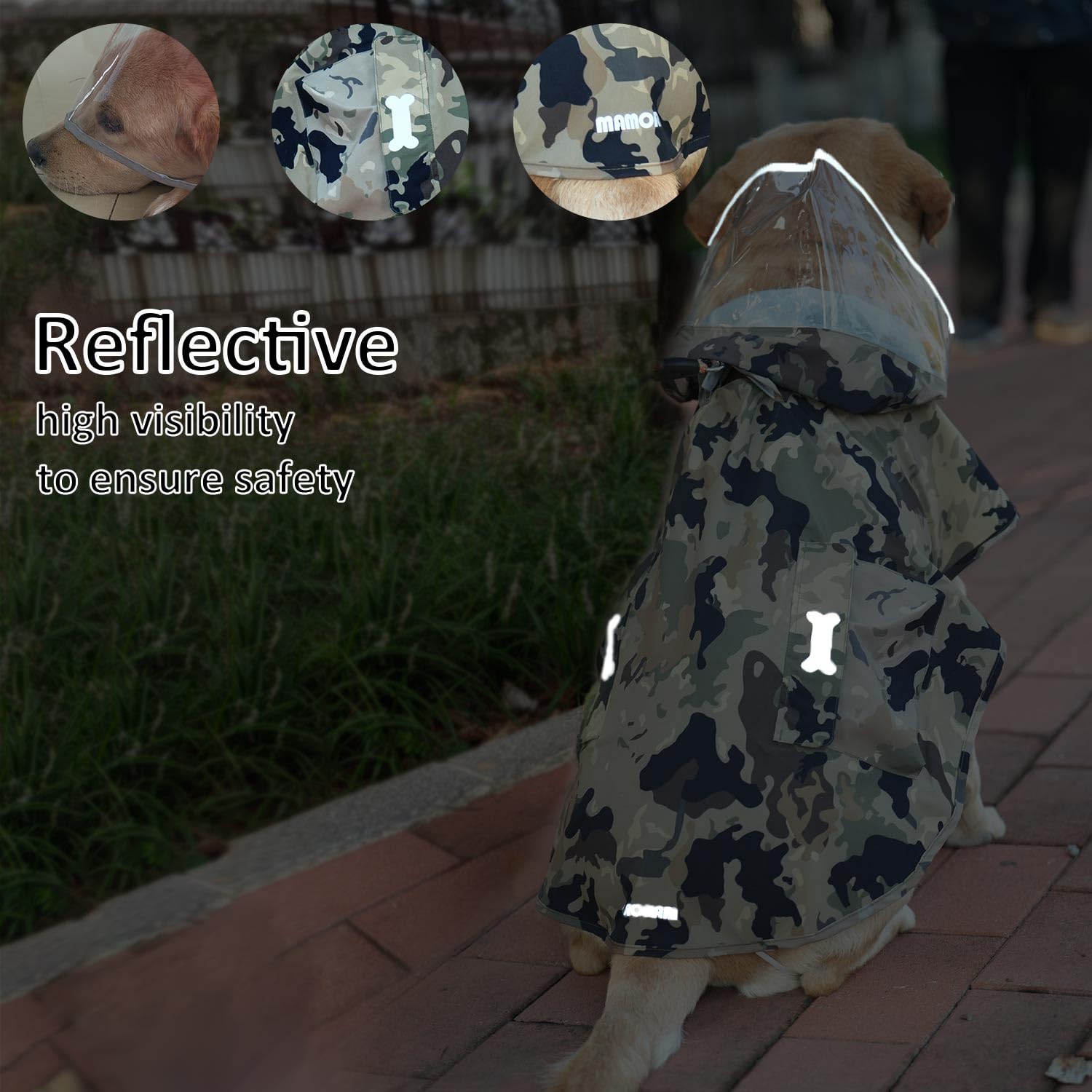 Waterproof Dog Raincoat, Adjustable Reflective Lightweight Pet Rain Clothes With Poncho Hood(Large,Camo)