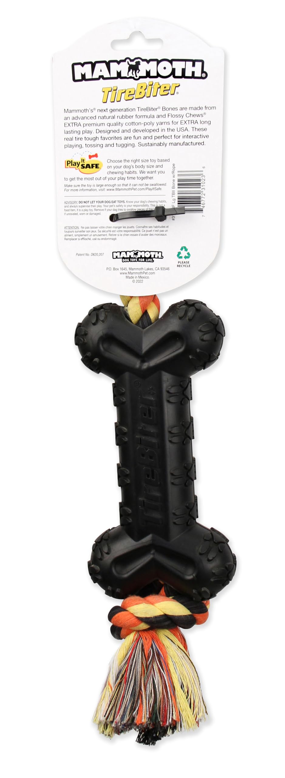 Mammoth Pet Products Tirebiterii E With Cotton-Poly Rope – Natural Rubber Dog Toys For Extreme Chewers – Dog Toys For Extra Long Interactive Play – Aggressive Chewer Toys For Dogs - Large 16”, Black (31023F)