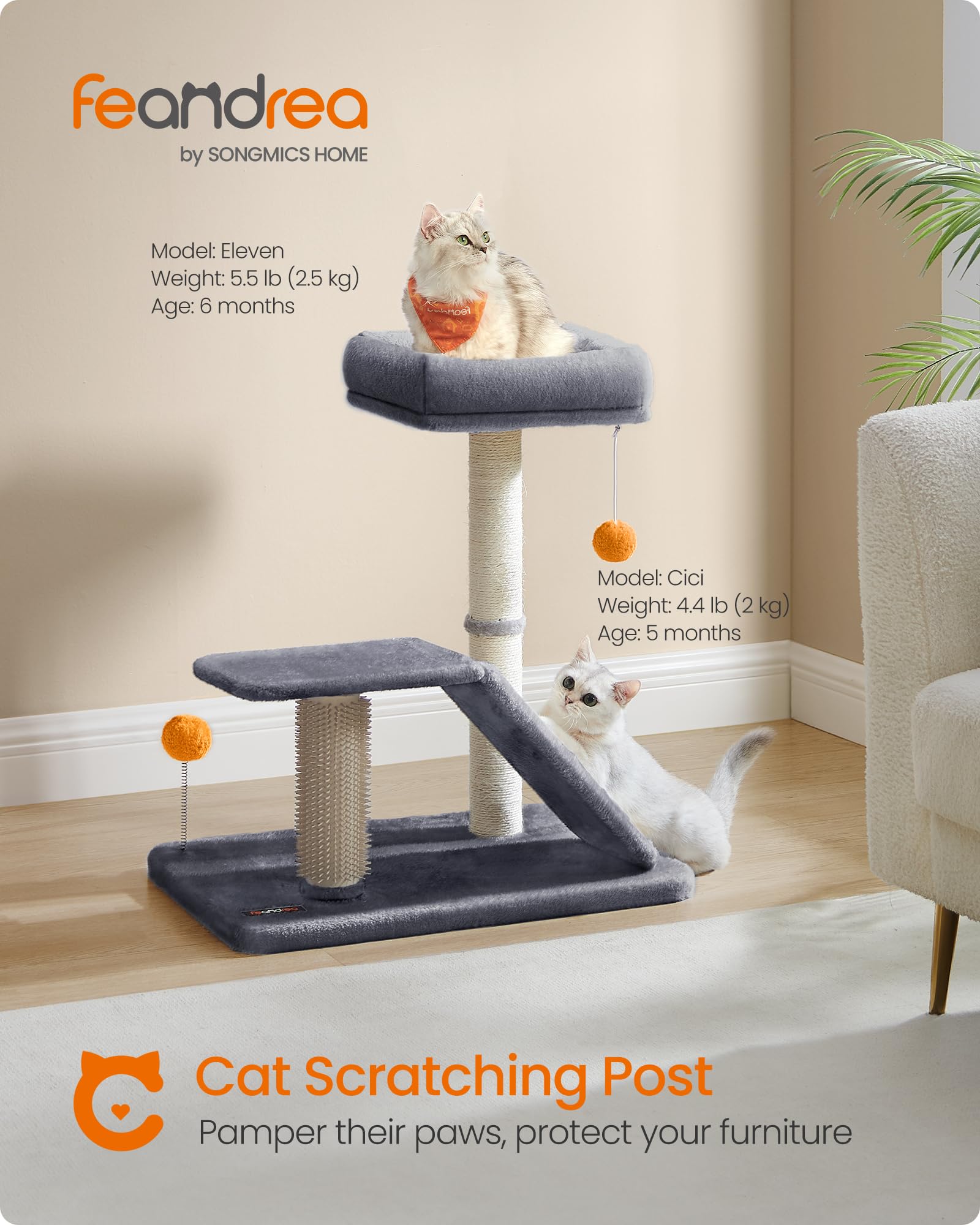 Feandrea Cat Scratching Post With Bed, Multifunctional Cat Scratcher With Perch, Rotatable Ramp, Self-Groomer, Pompoms, Small Ca