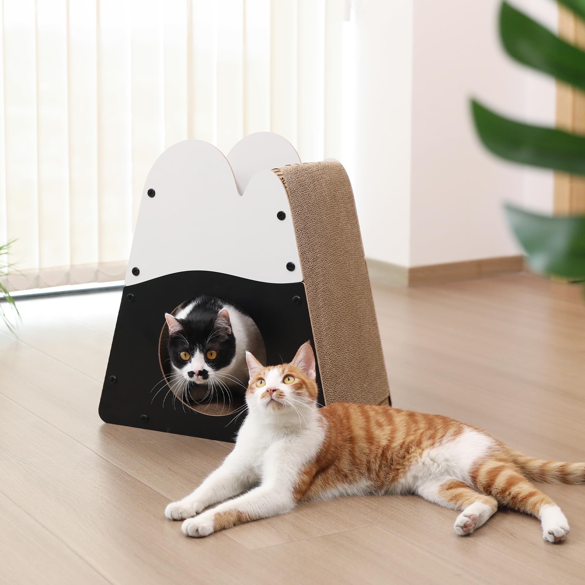FUKUMARU Cat Scratcher House - 19.5" Mountain Shape Cardboard Lounger, White & Black, Durable Indoor Bed for Cats, Model SH04