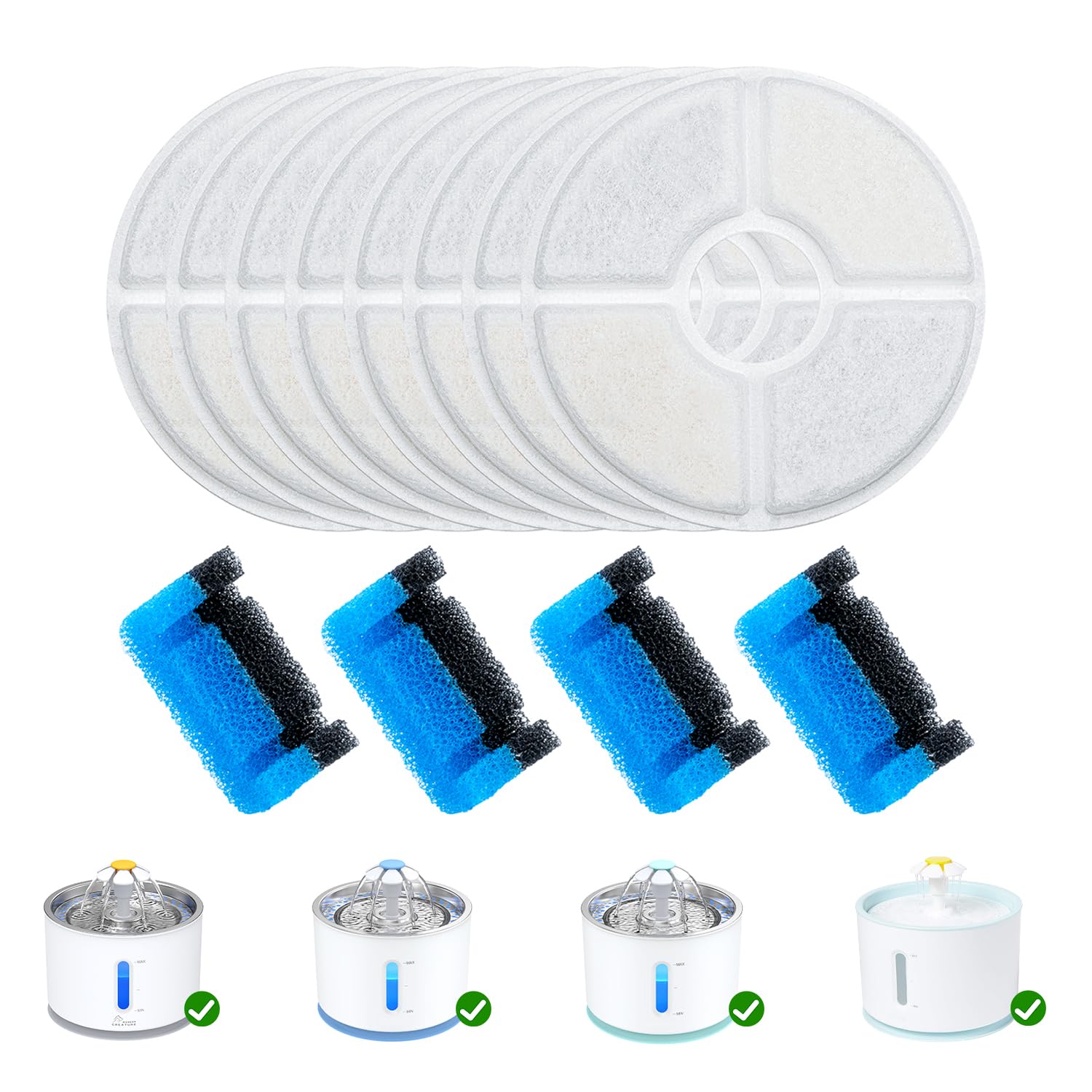 Wonder Creature Cat Water Fountain Filter Replacement, 8 Round Carbon Filters And 4 Upgraded Pre-Filter Sponges For Round Stainl