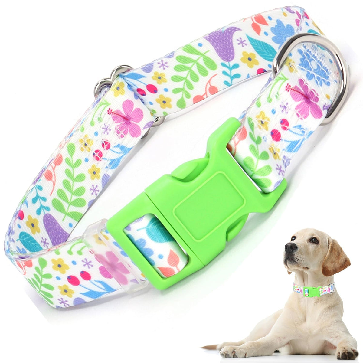 Cute Dog Collar With Green Flowers Patterns For Boy & Girl Dogs, Adjustable Comfy Pet Collars For Xs Small Medium Large Dogs (Gr