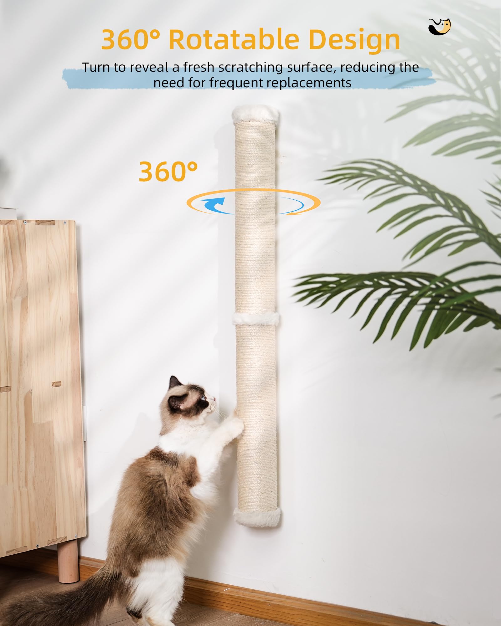 34'' Cat Wall Scratcher, 2-Pack, Long Sisal Scratching Post, Wall Mounted Cat Furniture For Indoor Large Adult Cats