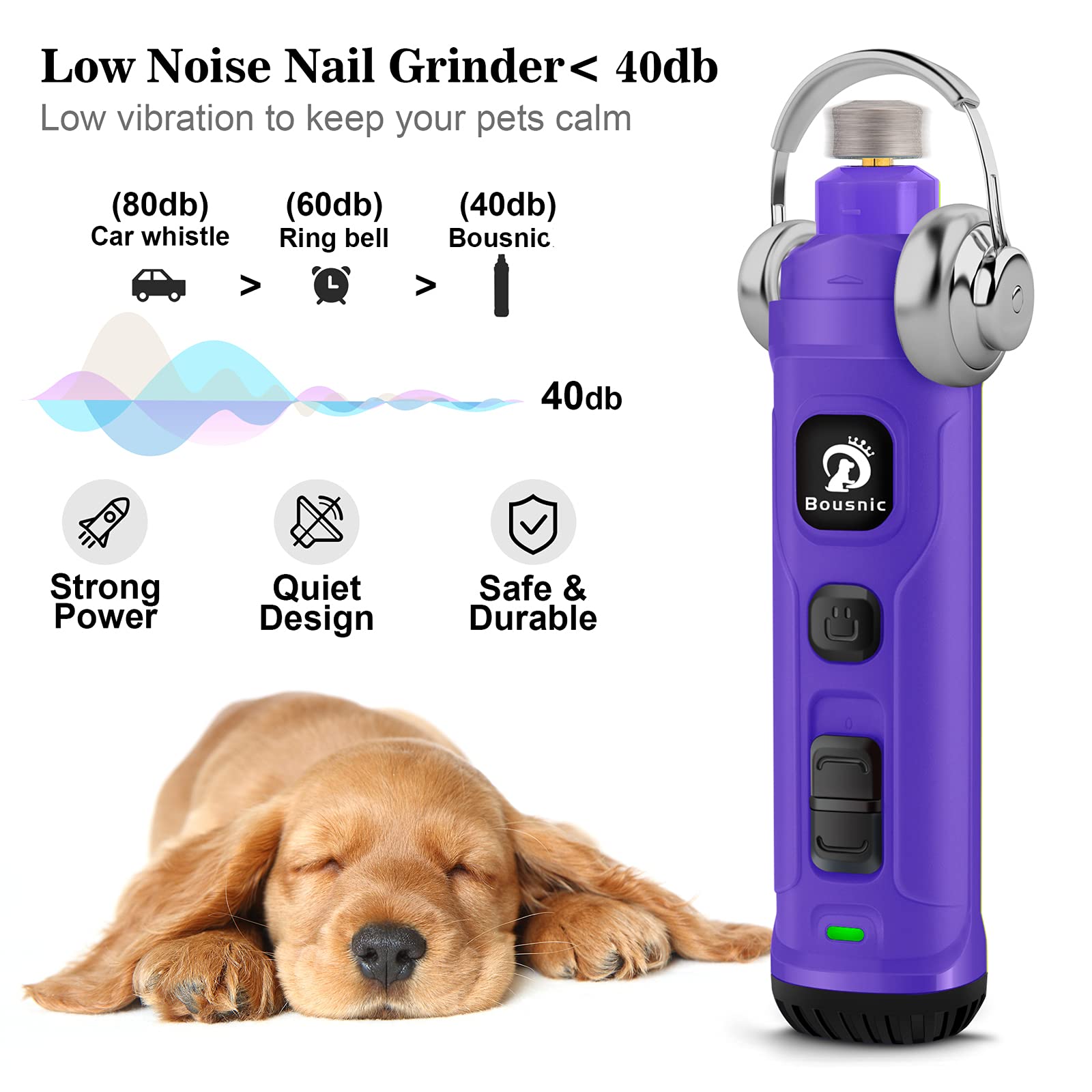 Bousnic Dog Nail Grinder With 2 Led Light - Super Quiet Pet Nail Grinder Powerful 2-Speed Electric Dog Nail Trimmer File Toenail Grinder For Puppy Small Medium Large Breed Dogs & Cats (Purple)