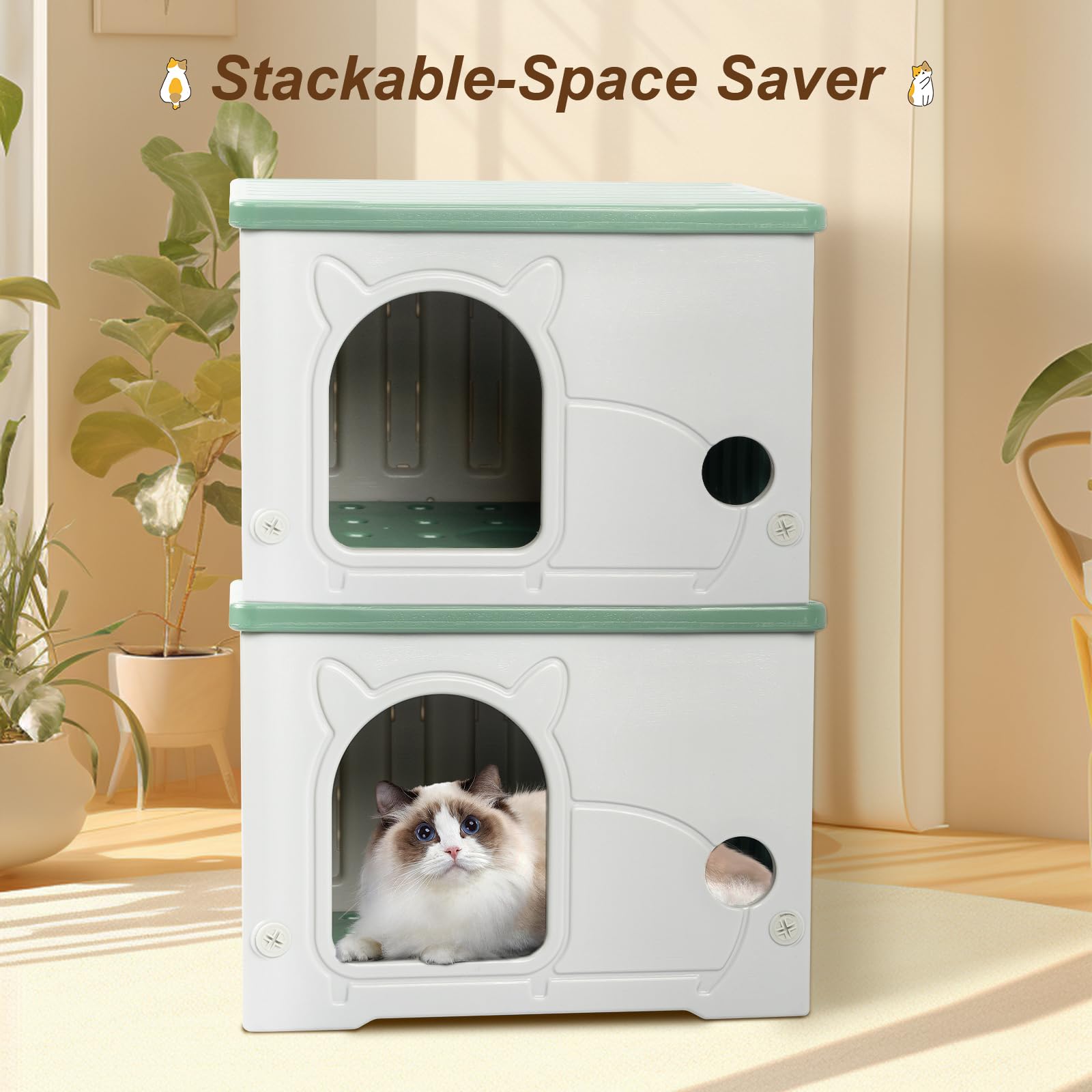 Heated Cat House, Cat Shelter Indoor, Weatherproof Waterproof Plastic Stackable Cat House For Winter With Heating Mat(Green