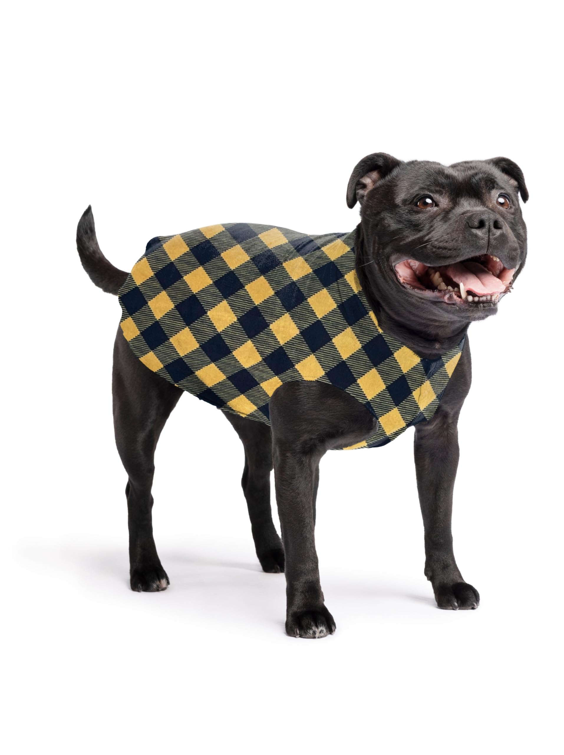 Gold Paw Stretch Fleece Dog Coat, Stretchy Pet Sweater, Machine Washable Pullover For Winter And Fall, Gold Buffalo Check, 16