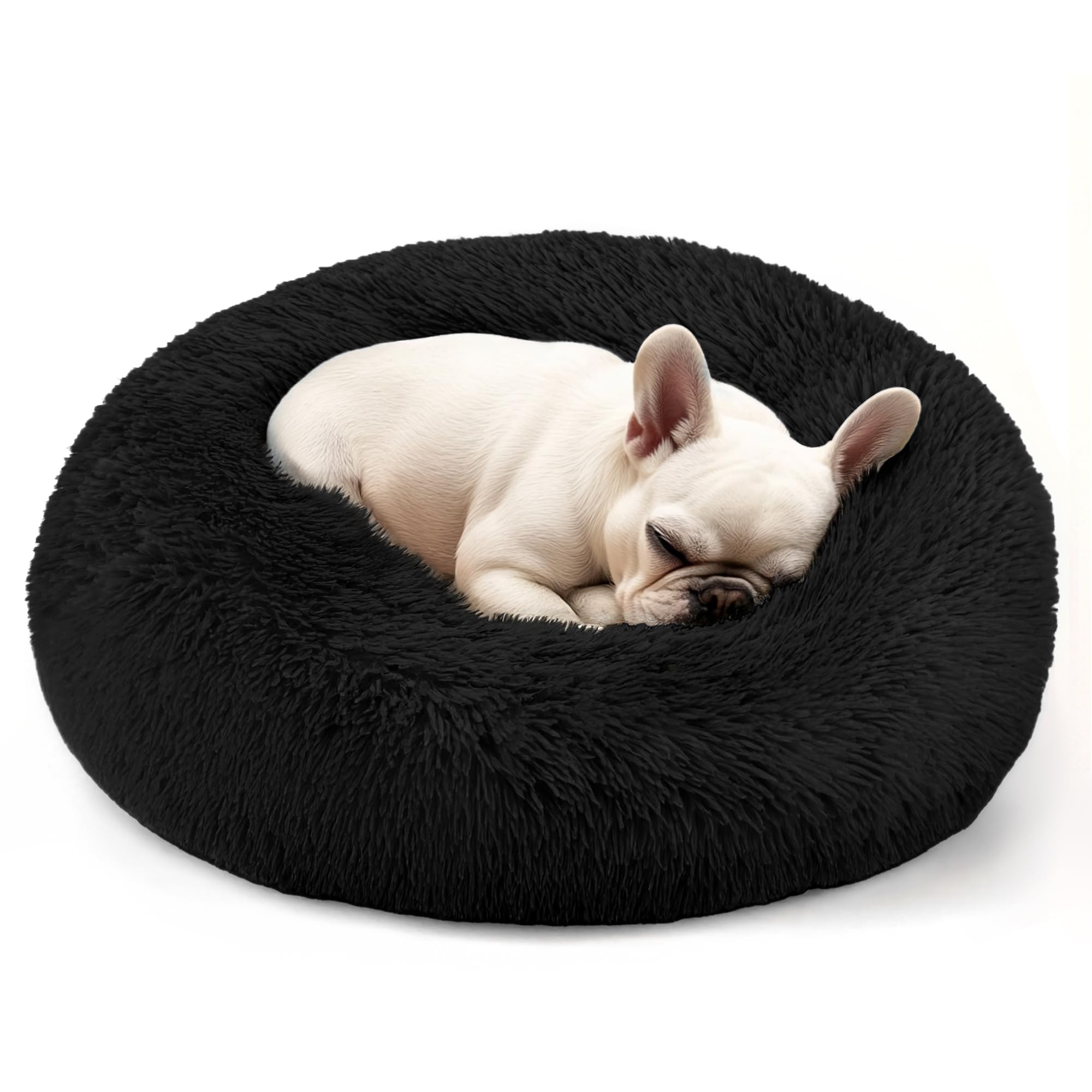 Dogs Bed for Small Dogs, Anti-Anxiety Washable Round Bed (Black, 24.0 L x 24.0 W x 8.0 Th)