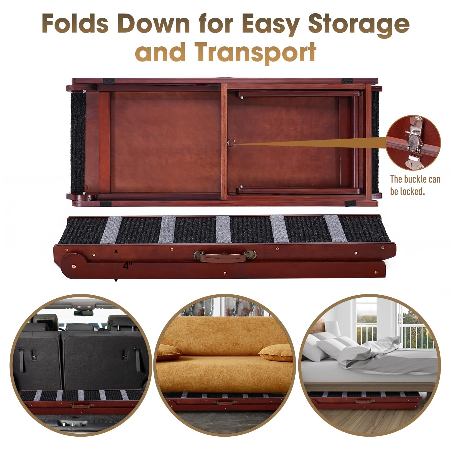 Sweetbin Wooden Adjustable Pet Ramp For All Dogs And Cats - Non Slip Carpet Surface And Foot Pads - 40'' Long And Adjustable Fro