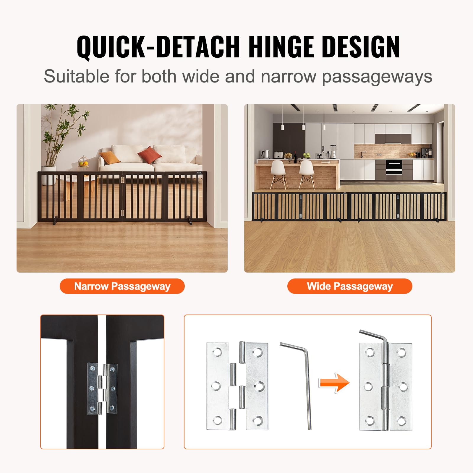 VEVOR Freestanding Dog Gate, Wooden Free Standing Pet Gate 80''W x 24''H,4 Panels Foldable Dog Gate for Wide & Narrow Passageway
