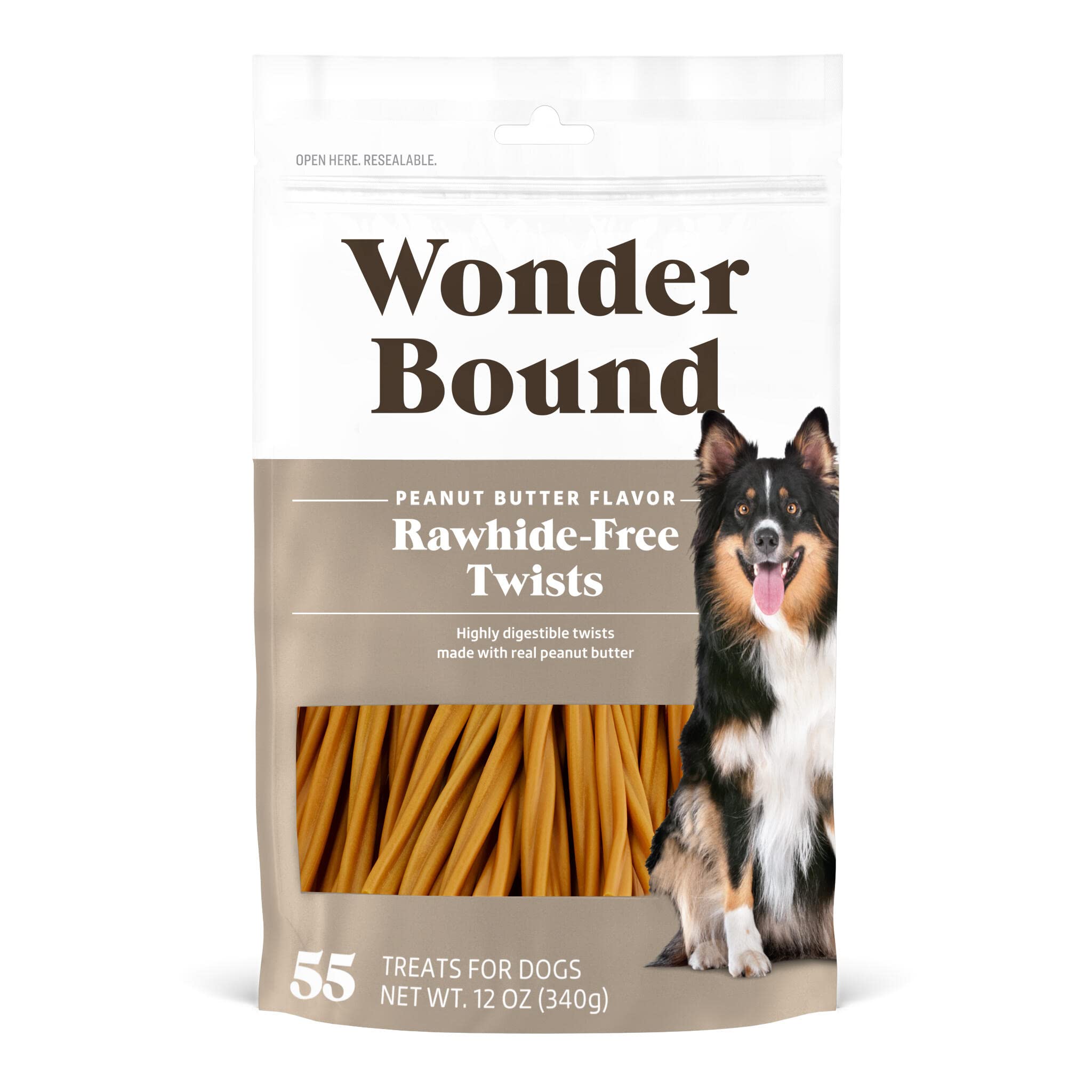 Wonder Bound Peanut Butter Flavor Dog Twist Sticks - 55 Count - Rawhide-Free Dog Treats, Dental Health Chews for Plaque & Tartar