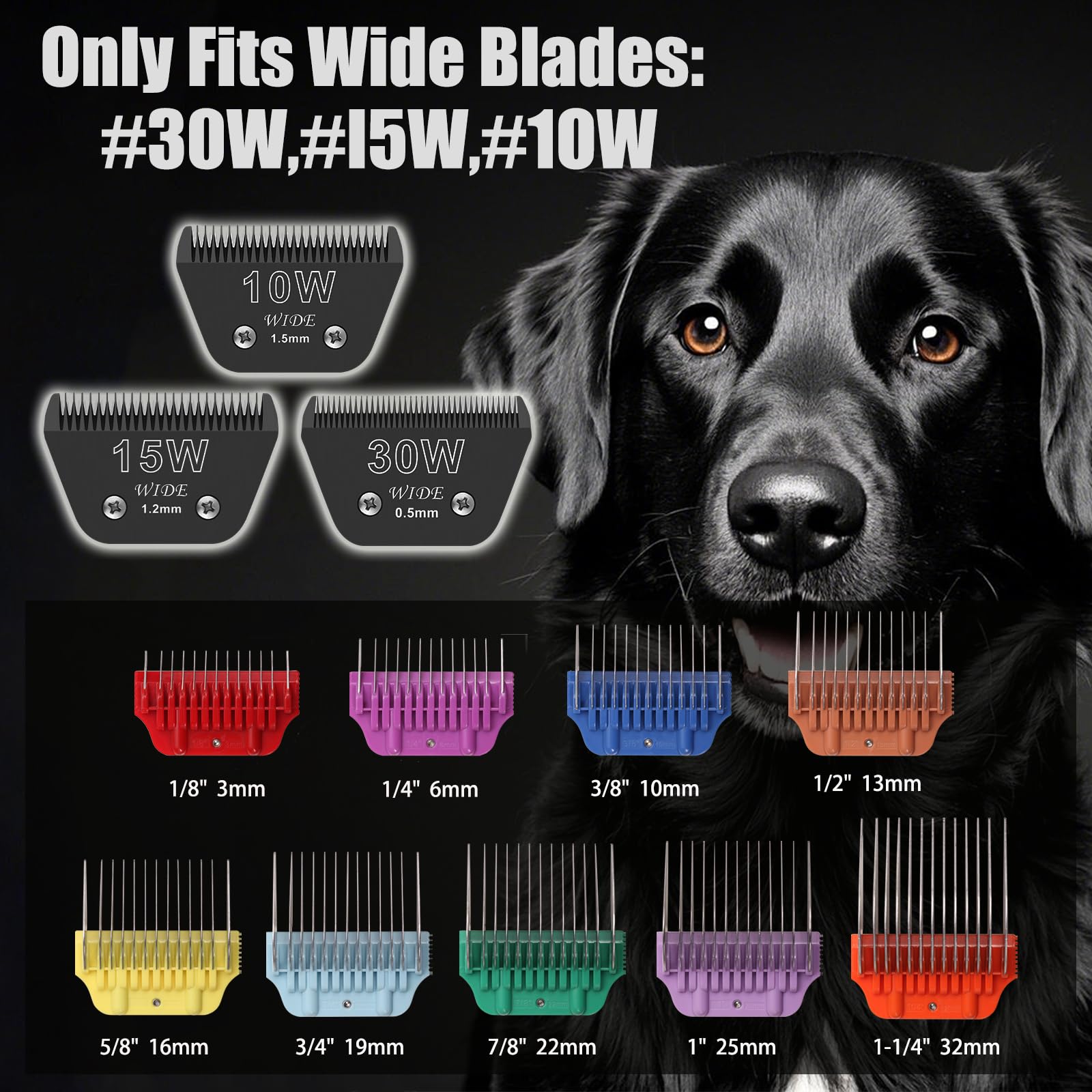 Black 10W/15W/30W Wide Clipper Blade & Dog Stainless Steel Wide Clipper Attachment Guard Comb Set For A5 Series | Snap-On/Off De