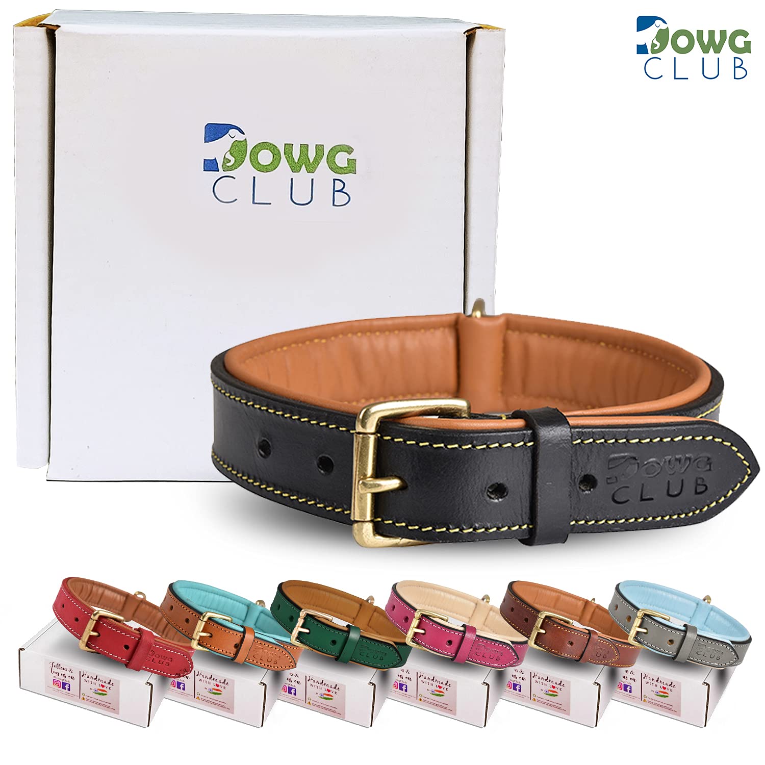 Dowgclub | Genuine Leather Dog Collar | Full Grain, Heavy Duty | Padded, Comfortable, Strong | Best For Pups, Small, Medium, Large, X- Large Dog Breeds, (Medium (Fit Neck Size 14.5'-18.5'), Black)