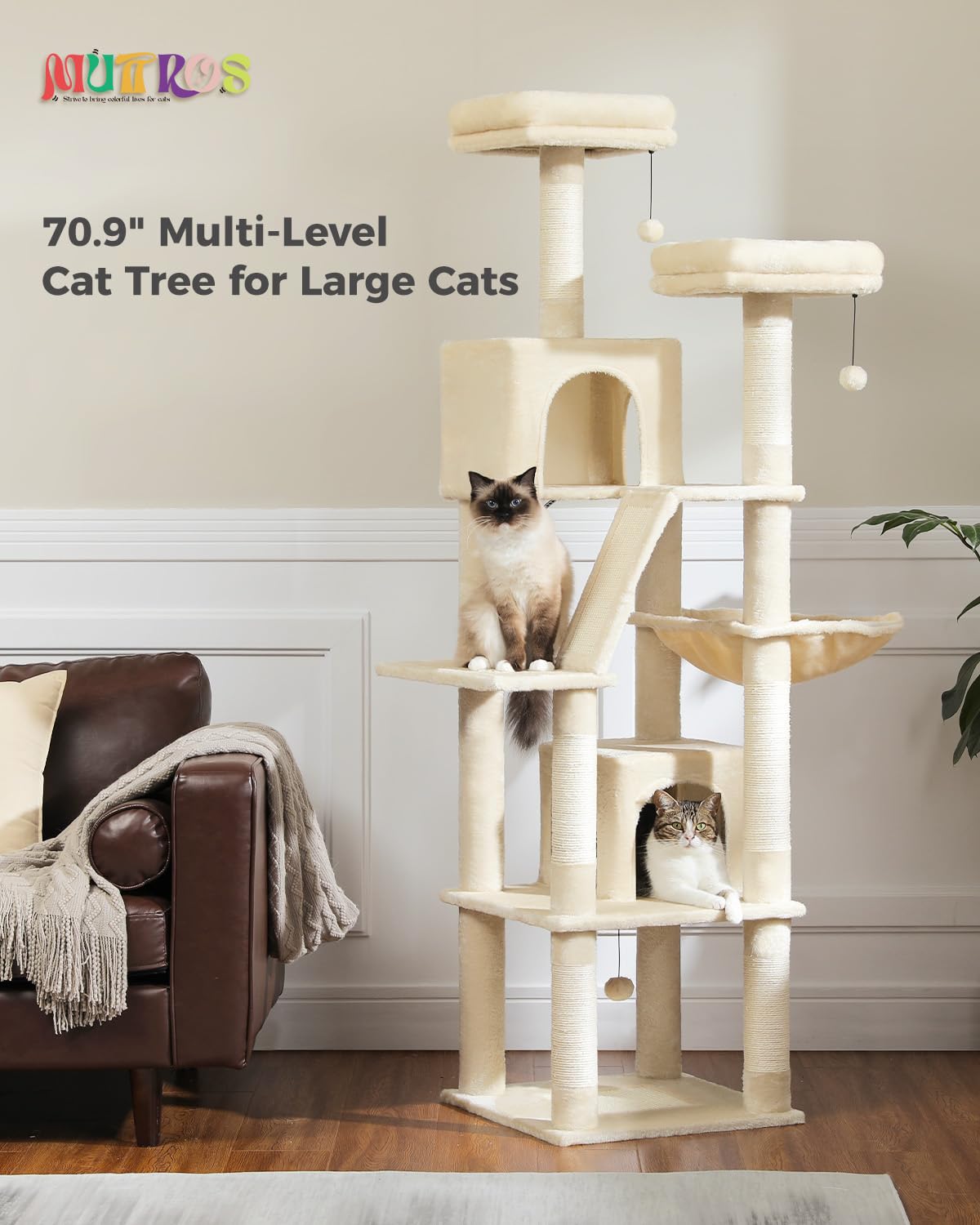 Muttros Tall Cat Tree 70.9'', Large Cat Tower For Indoor Cats, Multi-Level Plush Cat Condo With 6 Scratching Posts, 2 Scratching