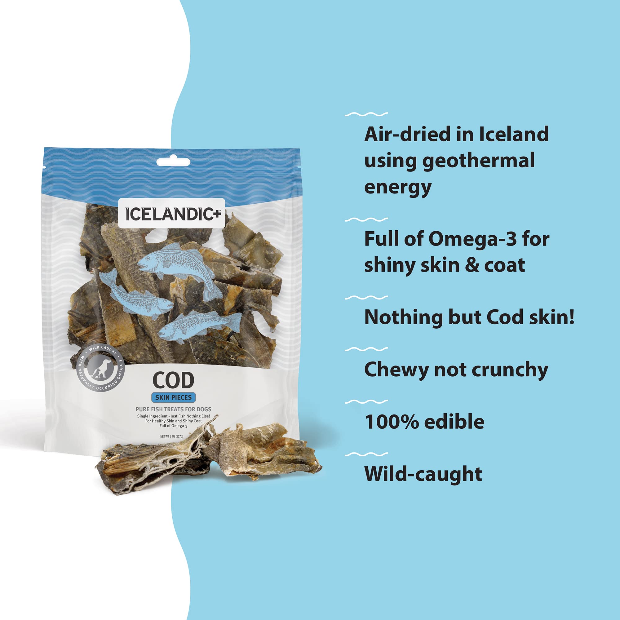 Icelandic+ Cod Skin Pieces - 8oz Bag - Pure Fish Dog Treats, Wild- Caught & Air-Dried, Single Ingredient Snacks, Pet Chews, Just