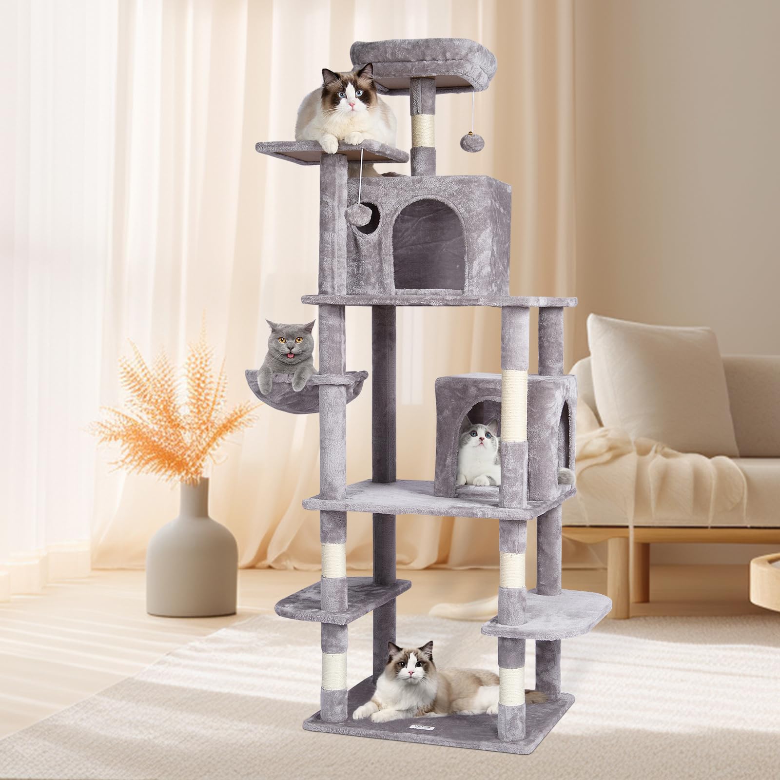 VEVOR Cat Tree 68.5 Cat Tower with Cat Condos Sisal Scratching Post Light Grey
