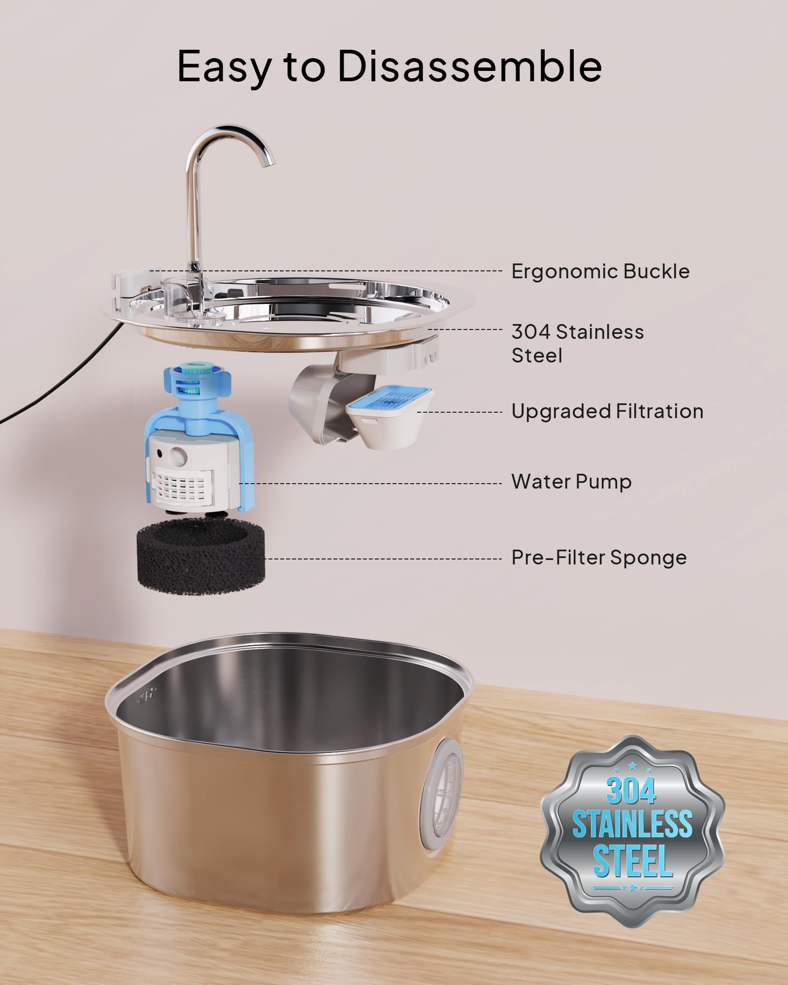 Pektaco Cat Water Fountain, Pet Water Fountain For Cats/Dogs Indoor, Stainless Steel Cat Drinking Fountains With Water Level Win