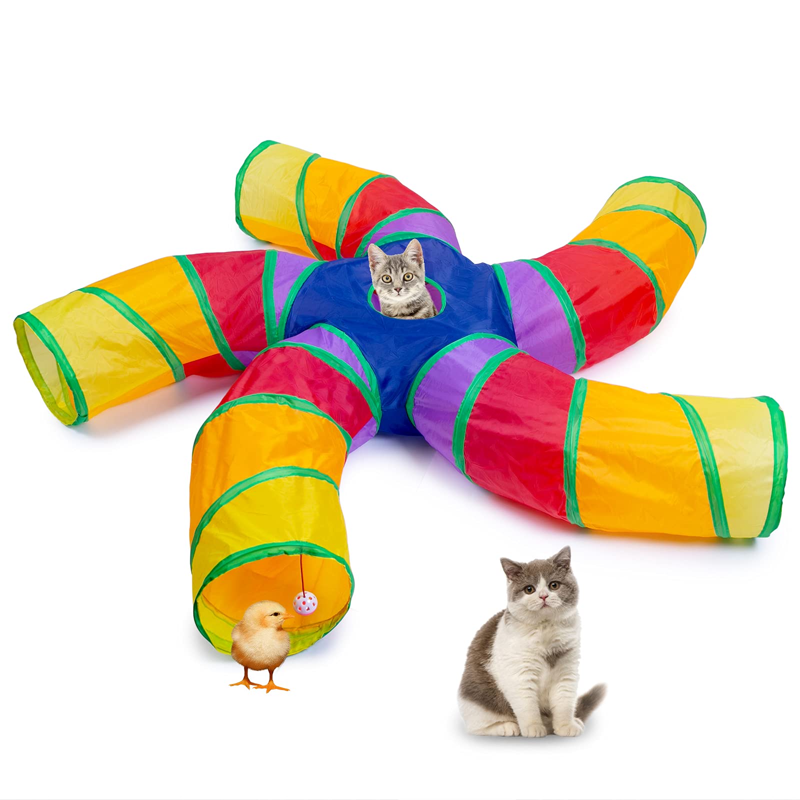 Egetota Cat Tunnel For Indoor Cats Large, With Play Ball S-Shape 5 Way Collapsible Interactive Peek Hole Pet Tube Toys, Puppy, Kitty, Kitten, Rabbit (Multicolor)
