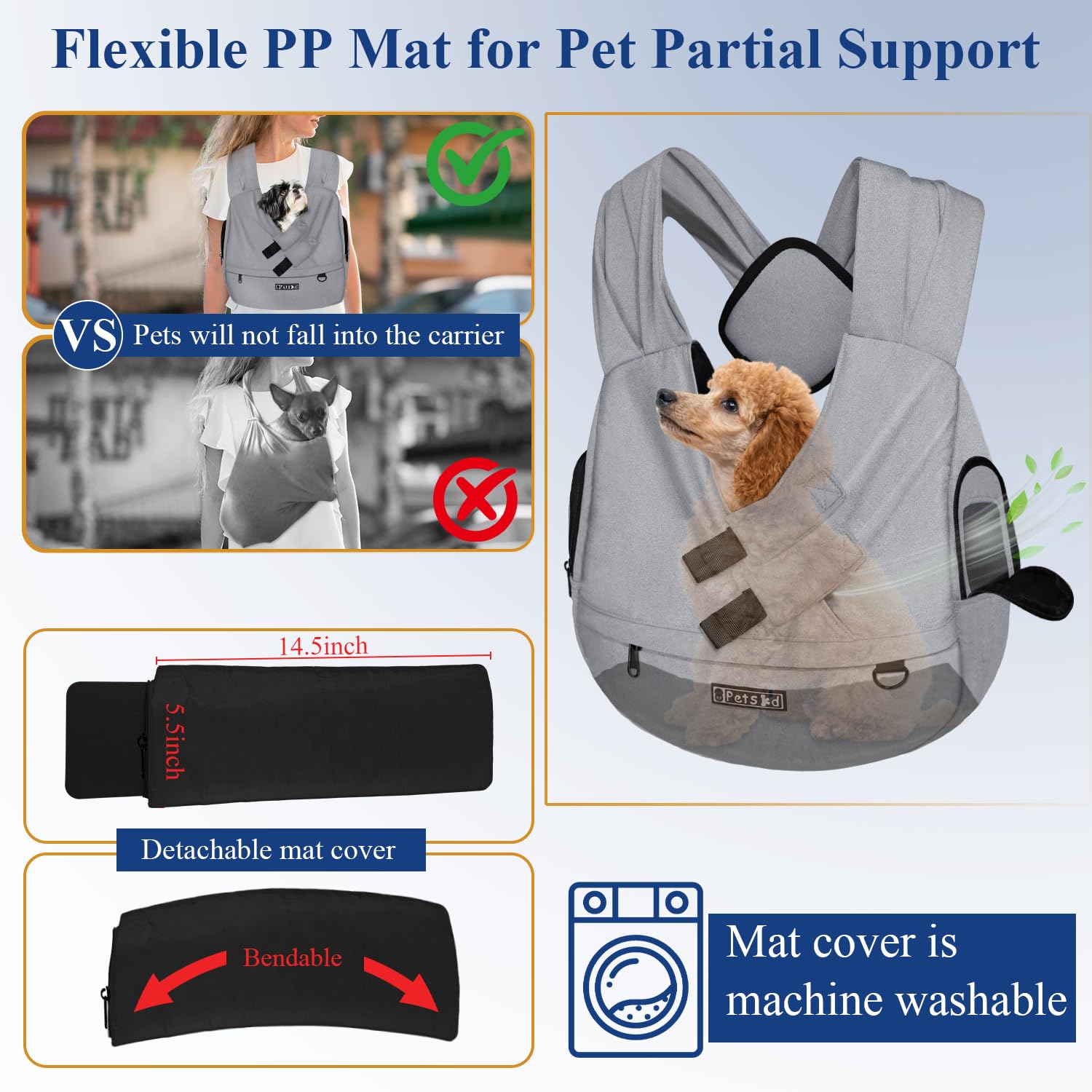Petskd Dog Carrier Sling for Small Pet 5-15 LBS, Hands Free Front Facing Cat Sling Chest Carrier with Bottom Mat and Adjustable