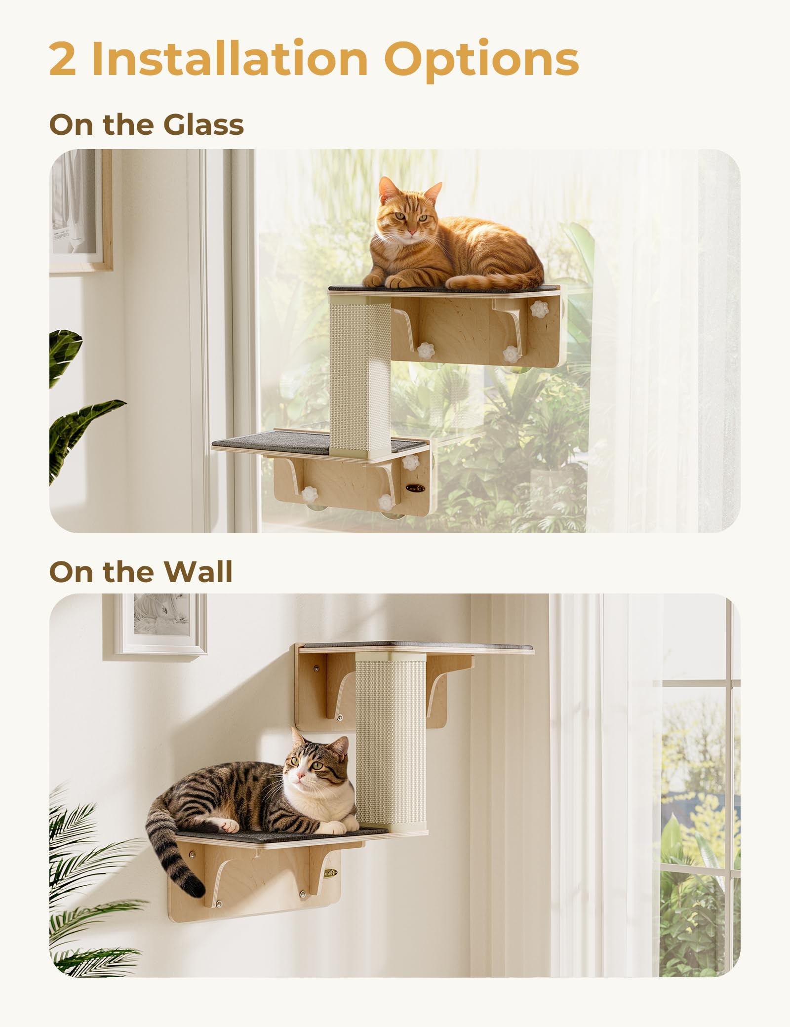 Pecute Double Cat Shelves With Scratching Post For Wall And Window With Solid Wood Frame, Washable & Removable Cover, Space-Savi