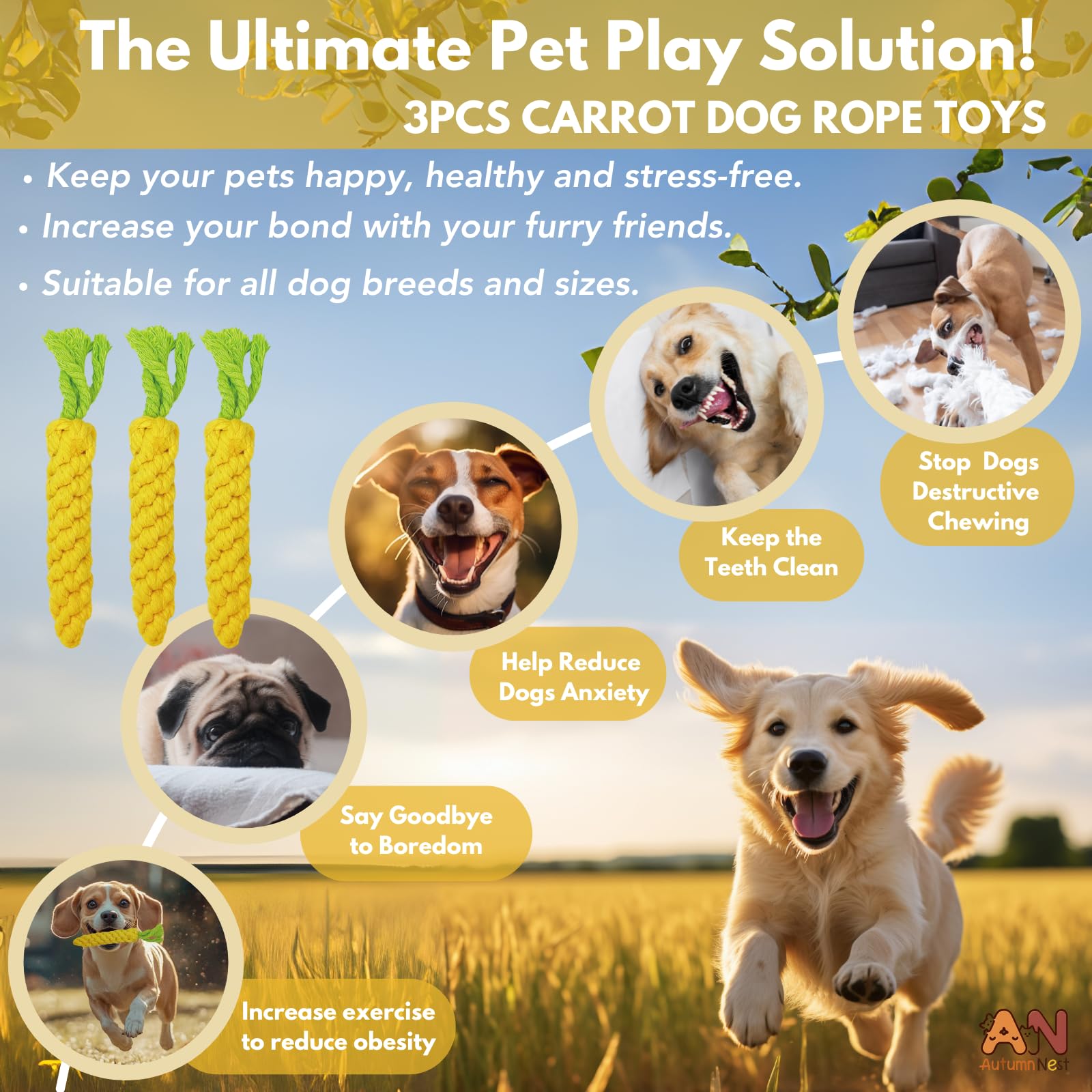 Autumnnest 3Pcs Yellow Woven Pet Chew Set, Puppy Teething Chews, Dog Chew Accessories, Cat Interactive Chews, Durable Braided Ch