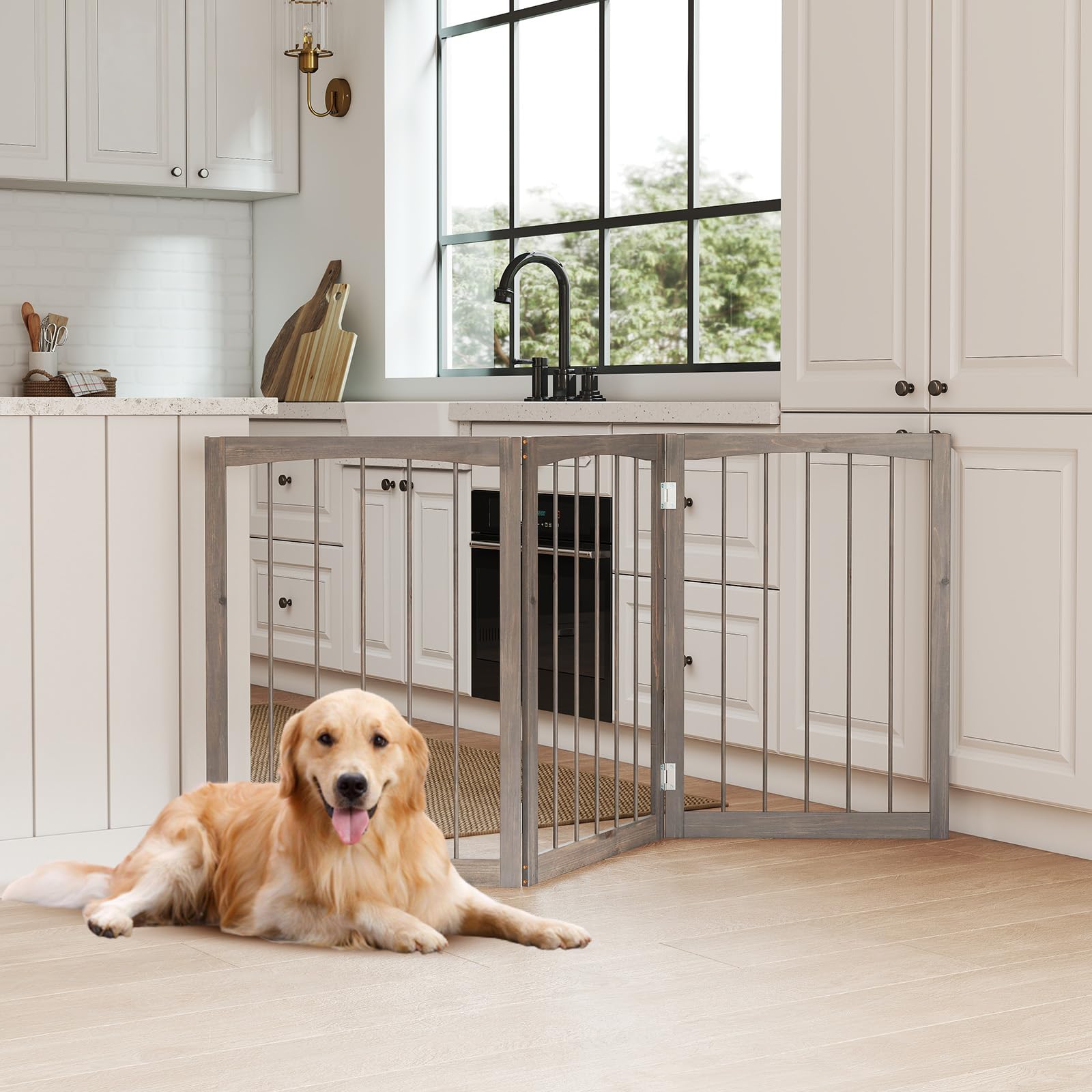 Giantex Freestanding Dog Gate for Small Medium Dogs, 63 W x 30 H Foldable 3-Panel Wooden Pet Gate, No Assembly Required, Indoor