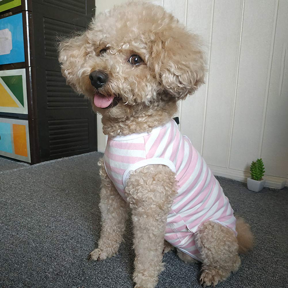 Dogs Recovery Suit Post Surgery Shirt For Puppy, Wound Protective Clothes For Little Animals(Pink White Stripe-Xs)