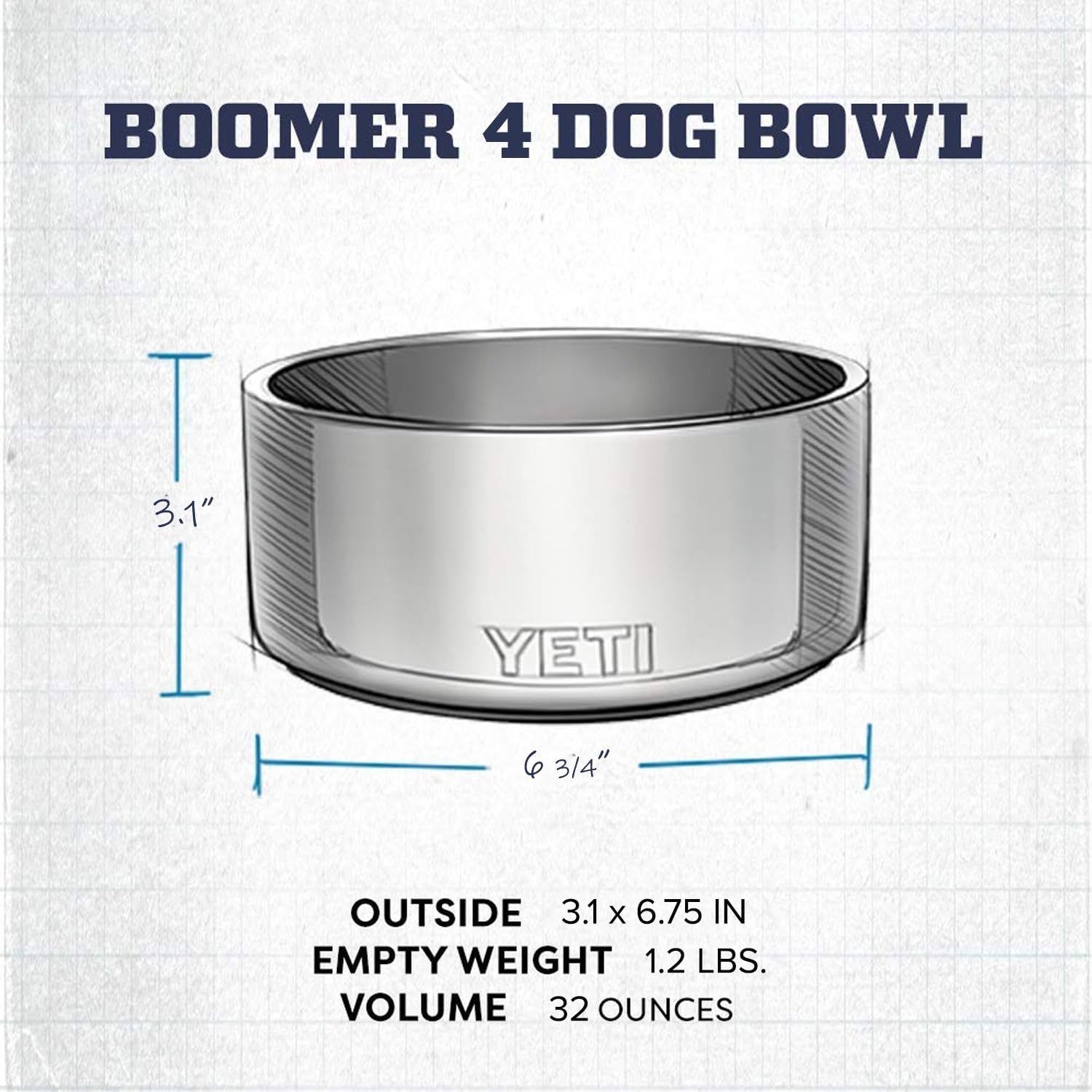 YETI Boomer 4, Stainless Steel, Non-Slip Dog Bowl, Holds 32 Ounces, White