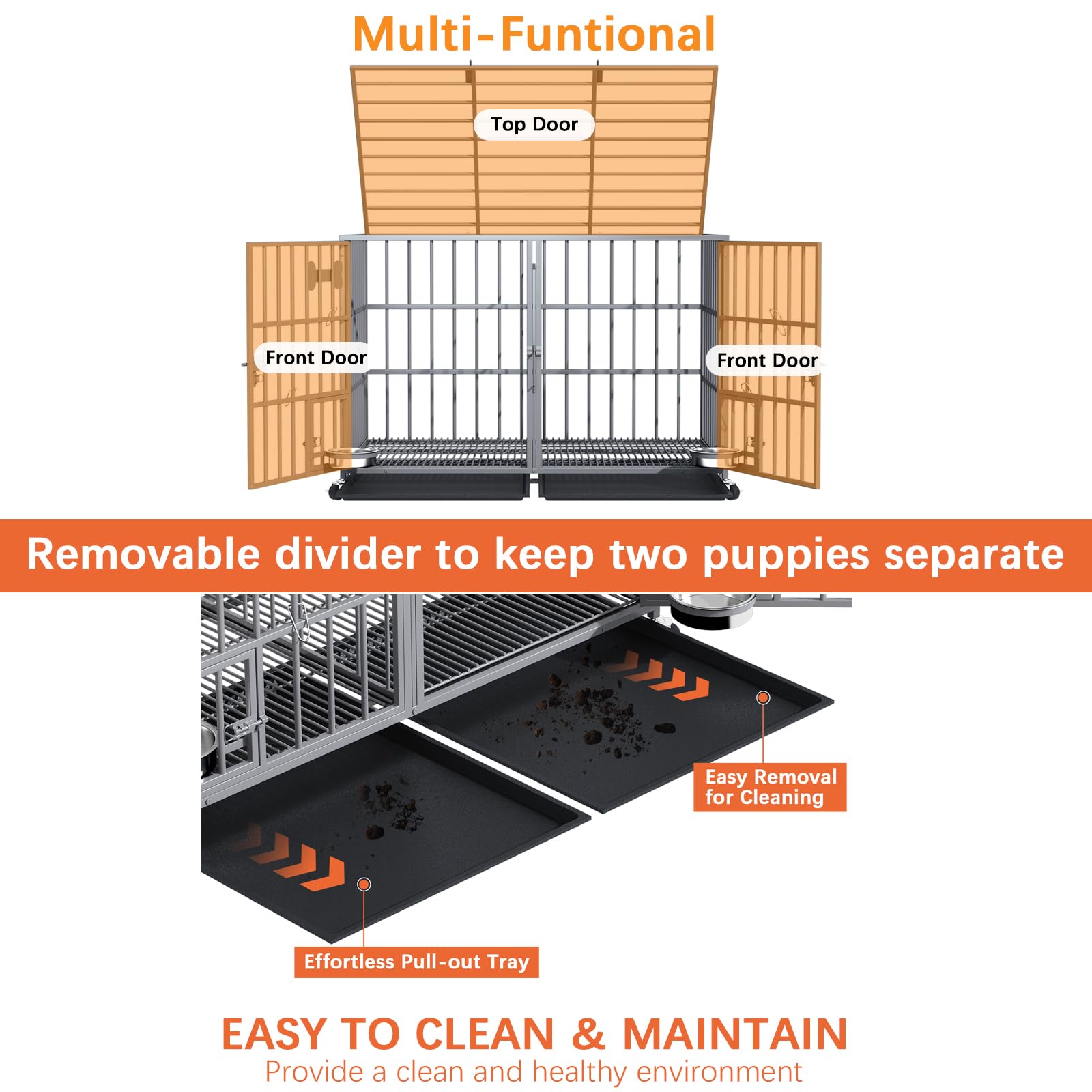 Aboxoo 42/48 Inch Heavy Duty Metal Dog Crate For 2 Dogs/Large Dog,All Metal Open Top,Dog Kennel Indoor With Wheels,Floor Grid, T