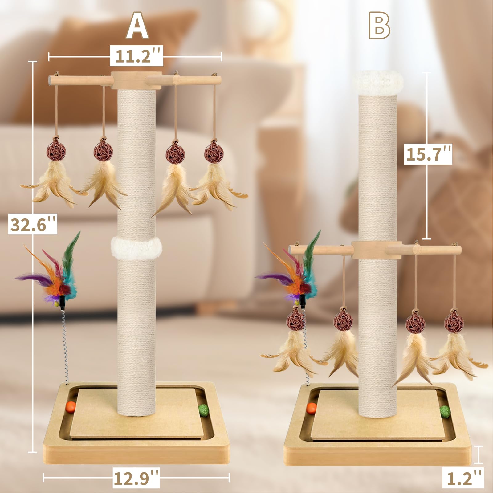 Tall Cat Scratching Post, Sisal, 33 Inches, Large Scratcher Tree Tower For Indoor Cats Adults With Hanging And Ball Track, 2 Mou