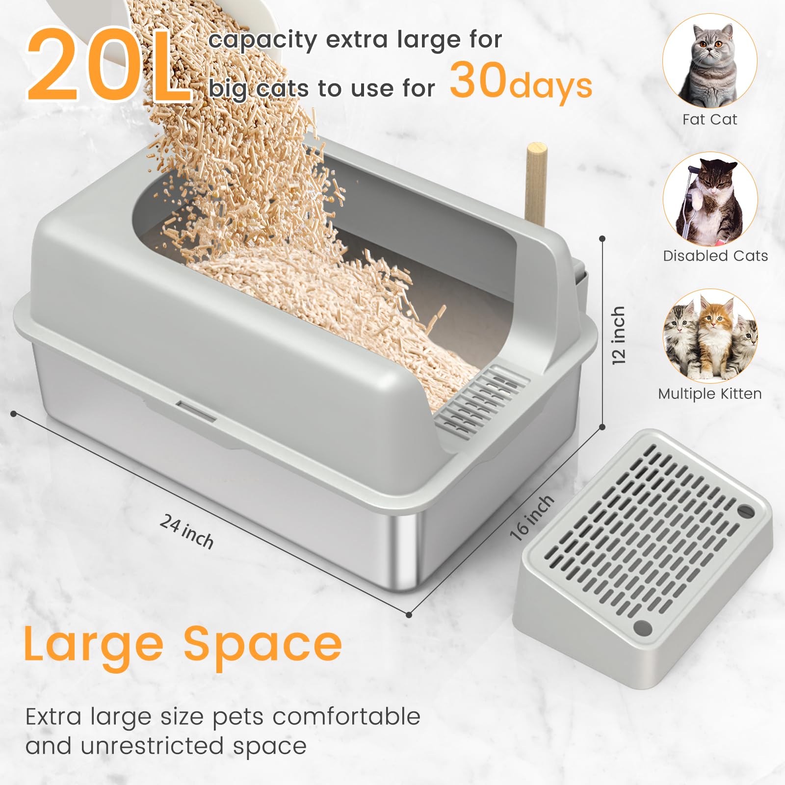 Zapstarz Enclosed Stainless Steel Cat Litter Box With Lid, Xl Extra Large Metal Cat Litter Box For Big Cats, Non-Sticky High Sid