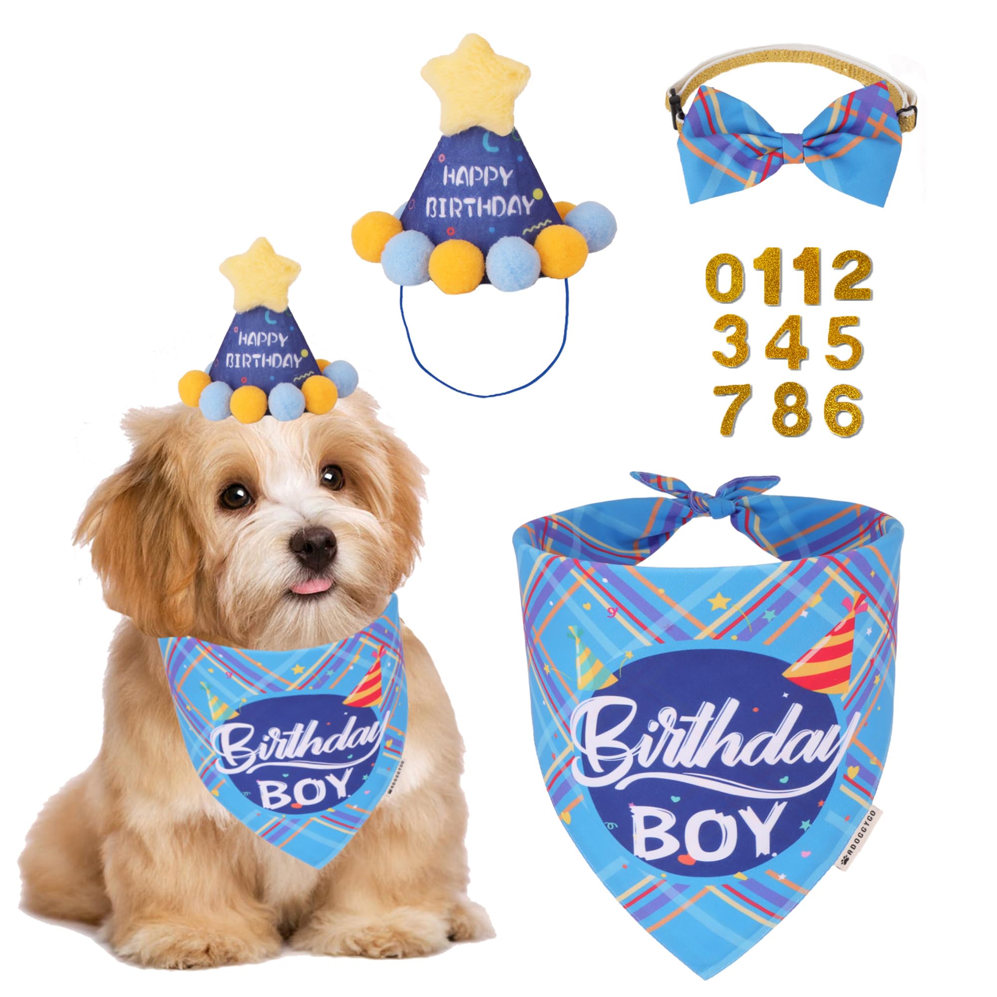 Adoggygo Dog Birthday Party Supplies, Blue Birthday Boy Puppy Bandana, Bowtie, Numbers, Party Hat For Small Dogs (Small)