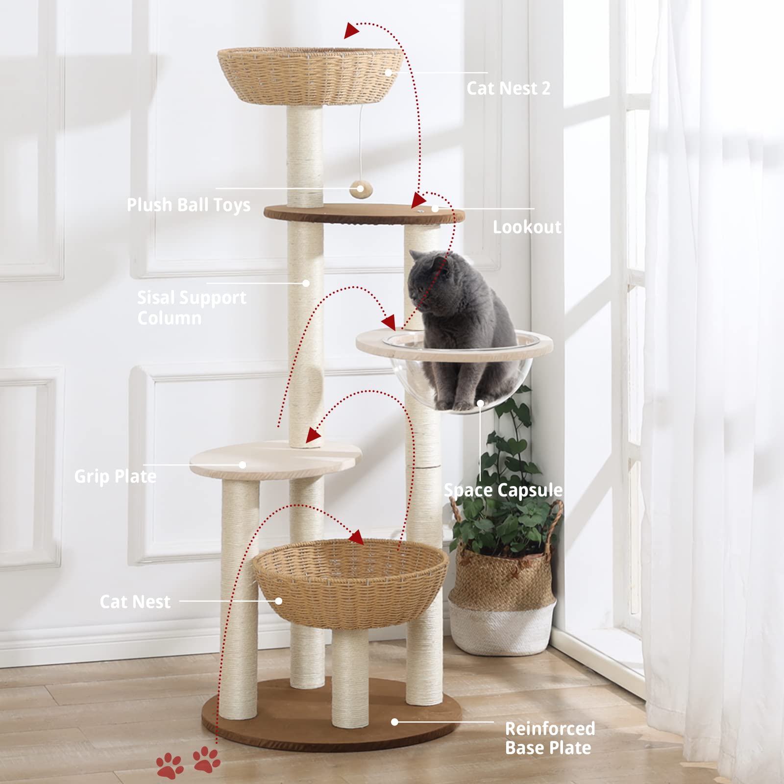 Hiyong Modern Tree Tower For Large Cats - Natural Sisal Luxury Condo, Hand Woven Wood Tower, Indoor Scratching Tree, New Lover G