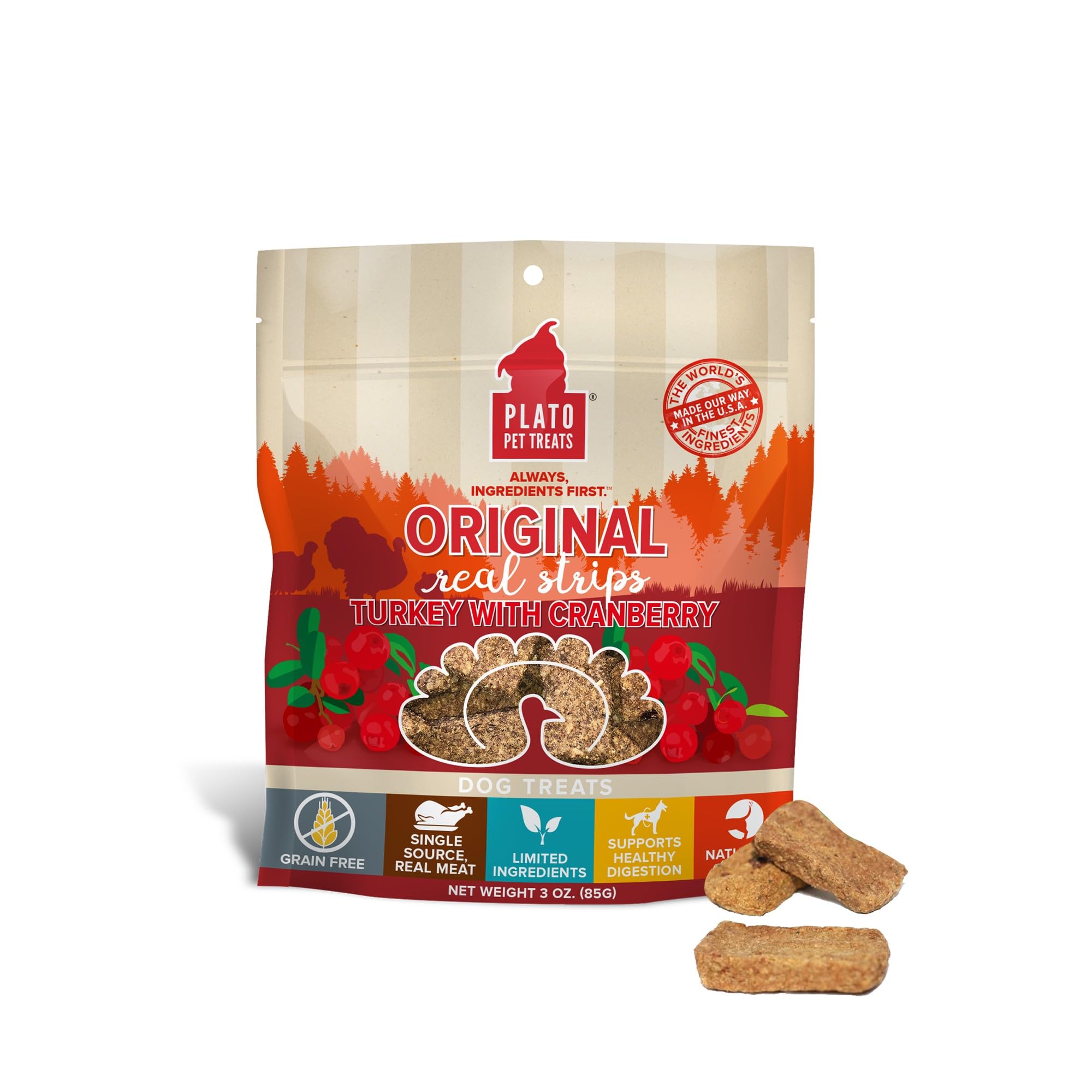 PLATO Turkey Real Strips Natural Dog Treats - Real Meat - Air Dried - Made in the USA - Turkey & Cranberry, 3 ounces